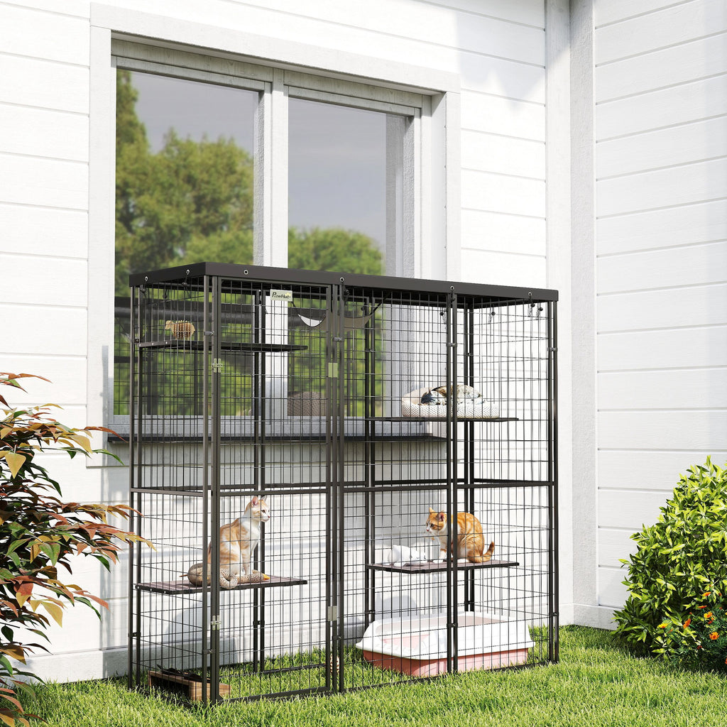 Weld Wire Catio Outdoor Indoor with Waterproof Cover, 4 Jumping Platforms, Hammock, for 1-3 Kittens, 69" x 22" x 62"