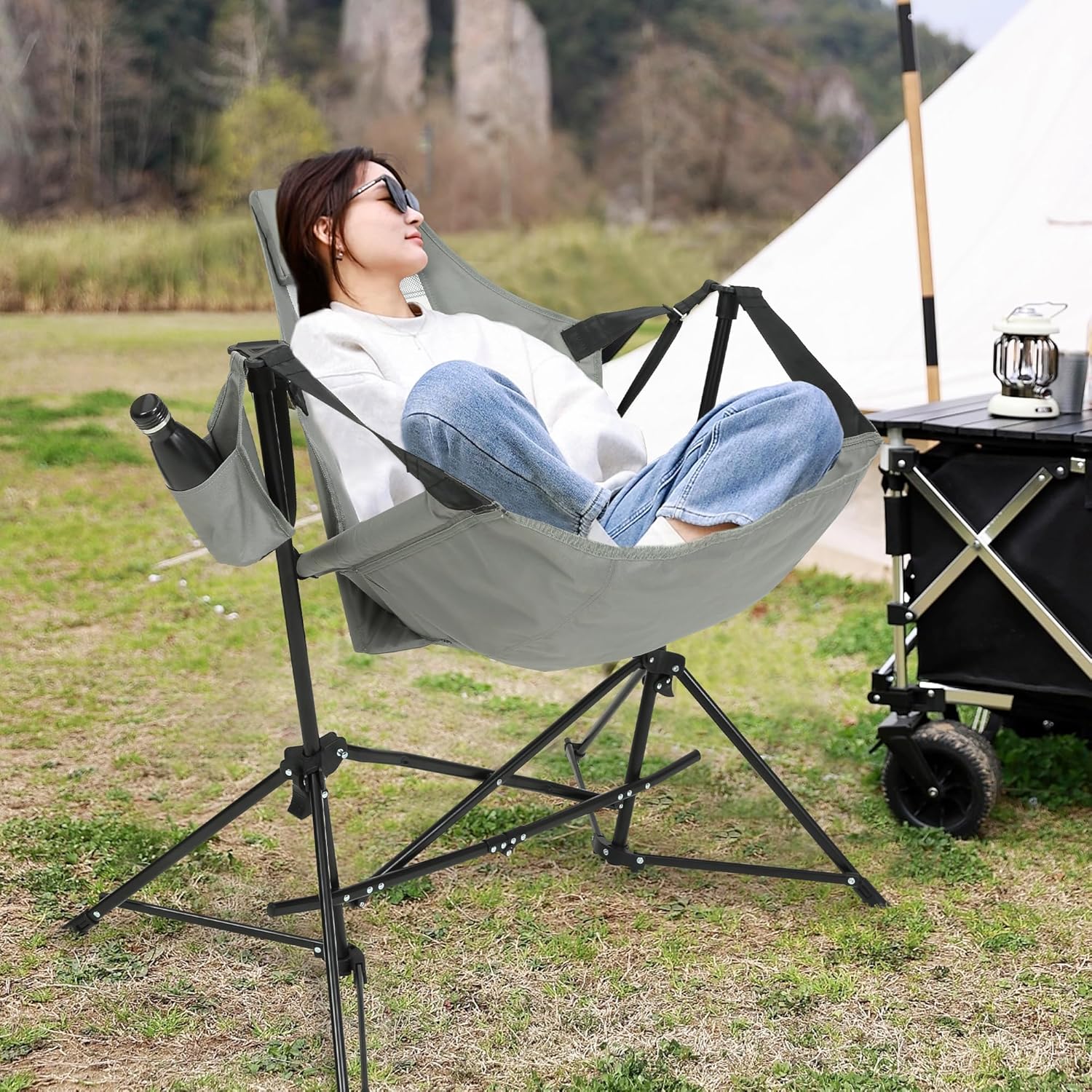 Set of 2 Hammock Camping Chair with Adjustable Back, Cup Holder, Carry Bag, Folding Portable Rocking Chair, 35" L x 38" W x 42" H, Gray
