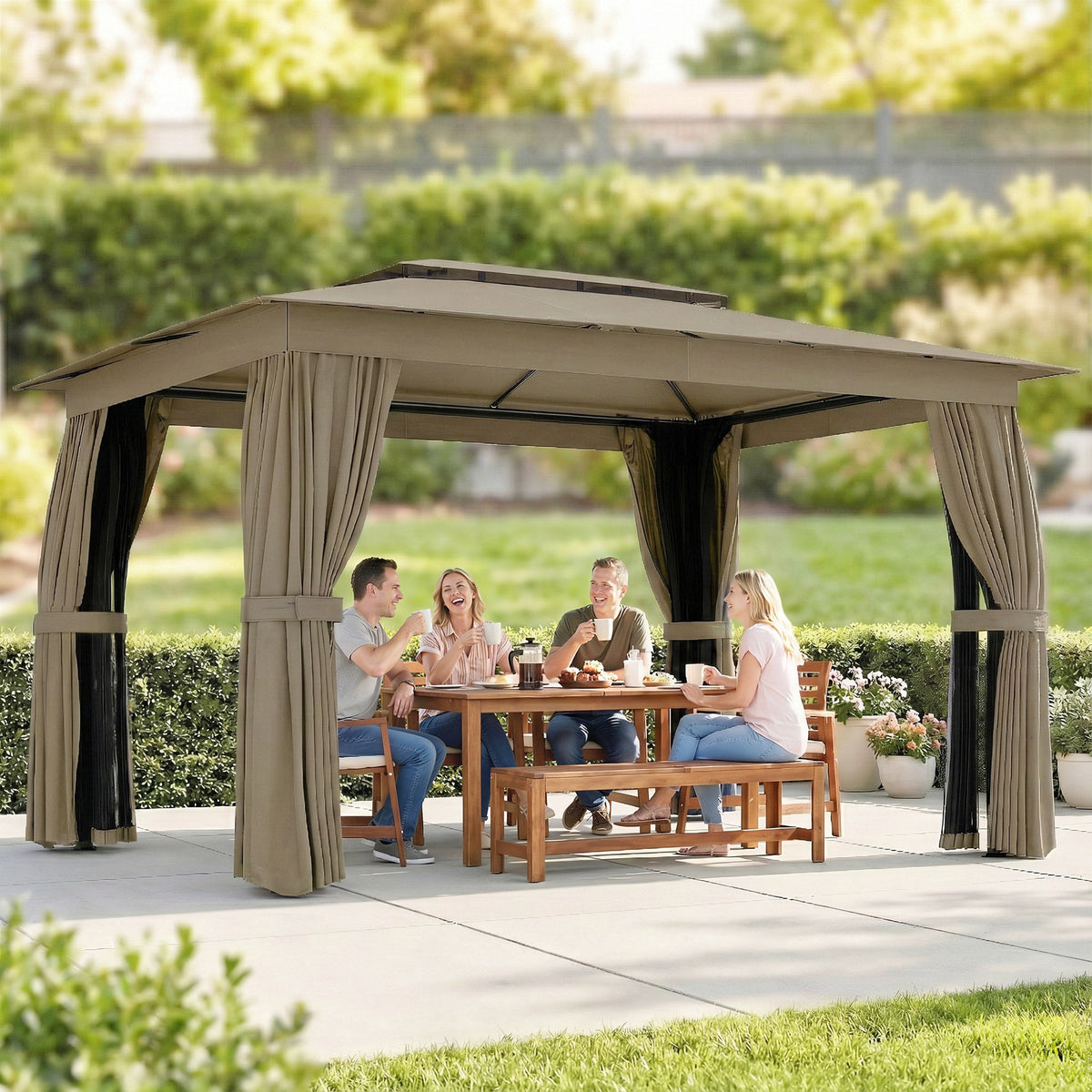 10' x 12' Outdoor Patio Gazebo, Soft Top Gazebo Canopy Shelter with Curtains, Netting, Steel Frame, Hooks, Khaki