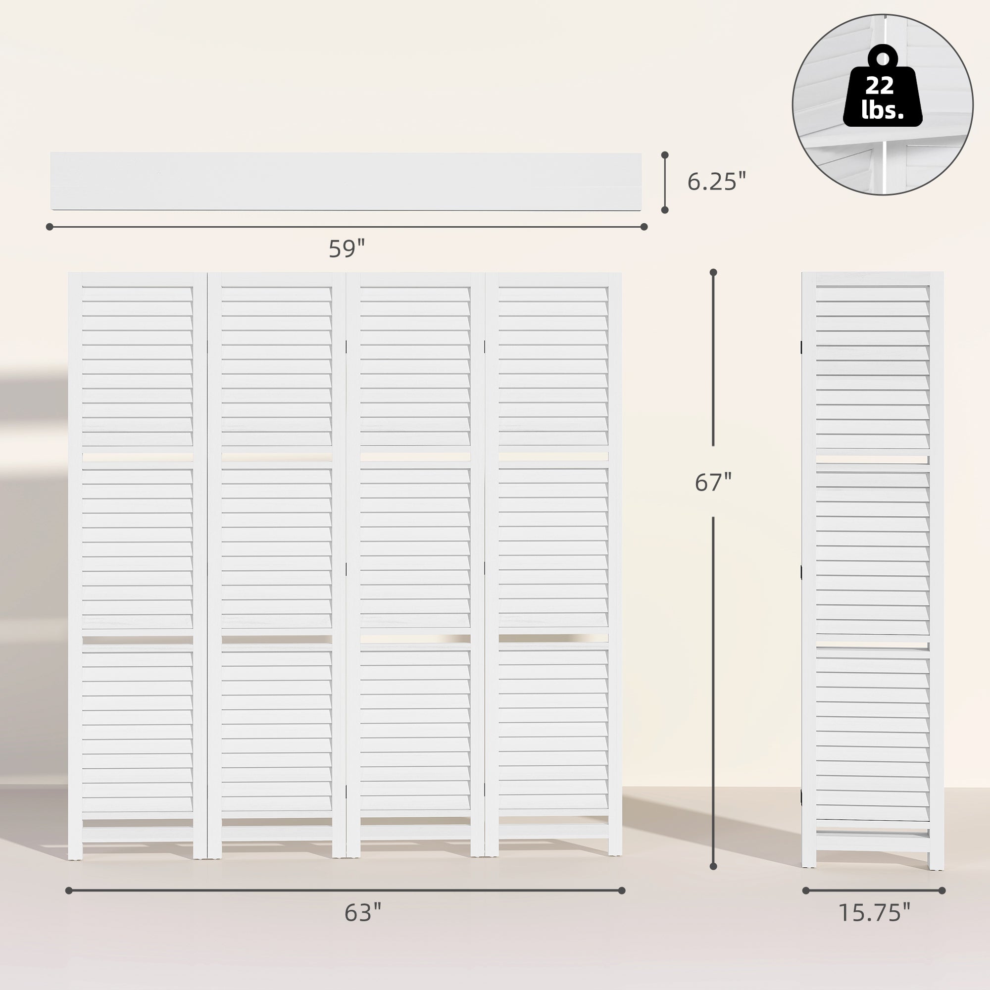 4 Panel 67" Tall Wood Privacy Screen Room Divider with 3 Shelves and Folding Storage for Bedroom, White