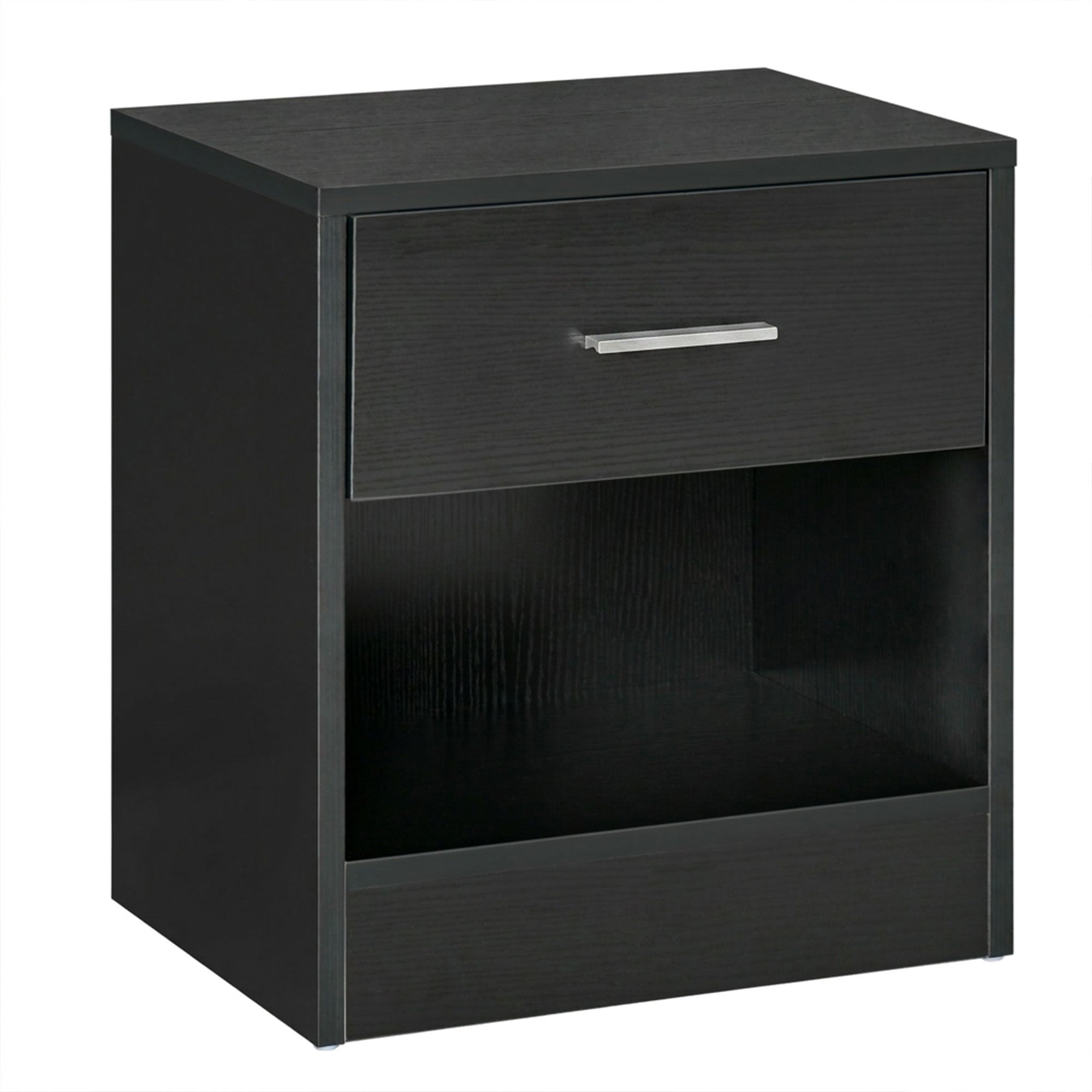 Modern Side Table with Drawer and Storage Shelf, End Table for Living Room, Black Wood Grain