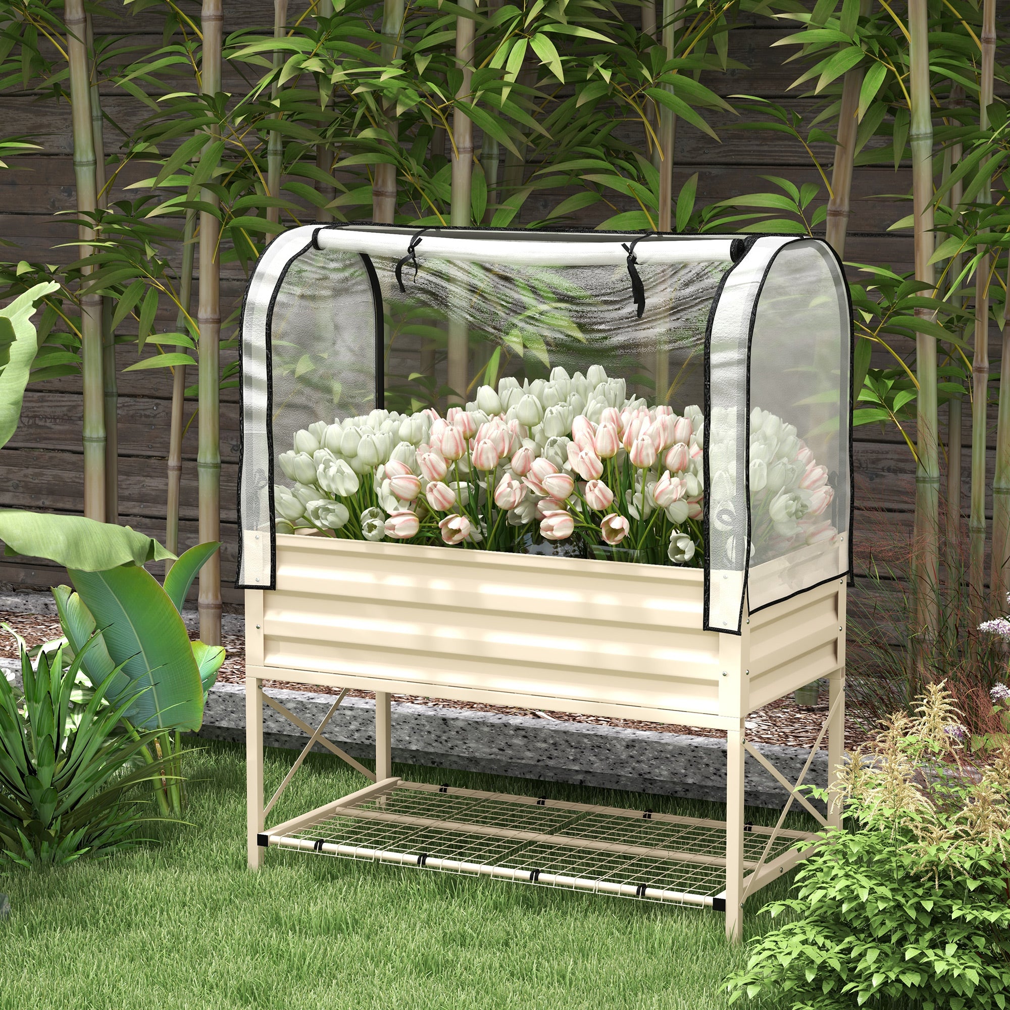 Raised Garden Bed with Legs and Cover, Metal Elevated Planter Box with Bottom Shelf and Liner for Vegetables, Cream