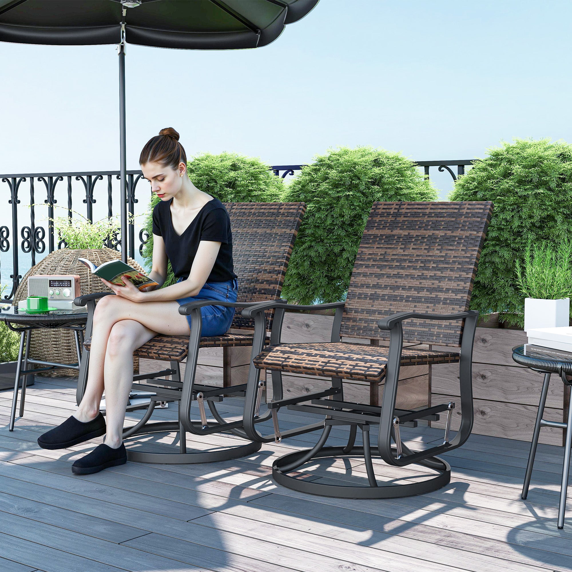 Wicker Rattan Swivel Patio Glider Chair Set of 2, Outdoor Glider Chair with Steel Frame, High Back, Brown