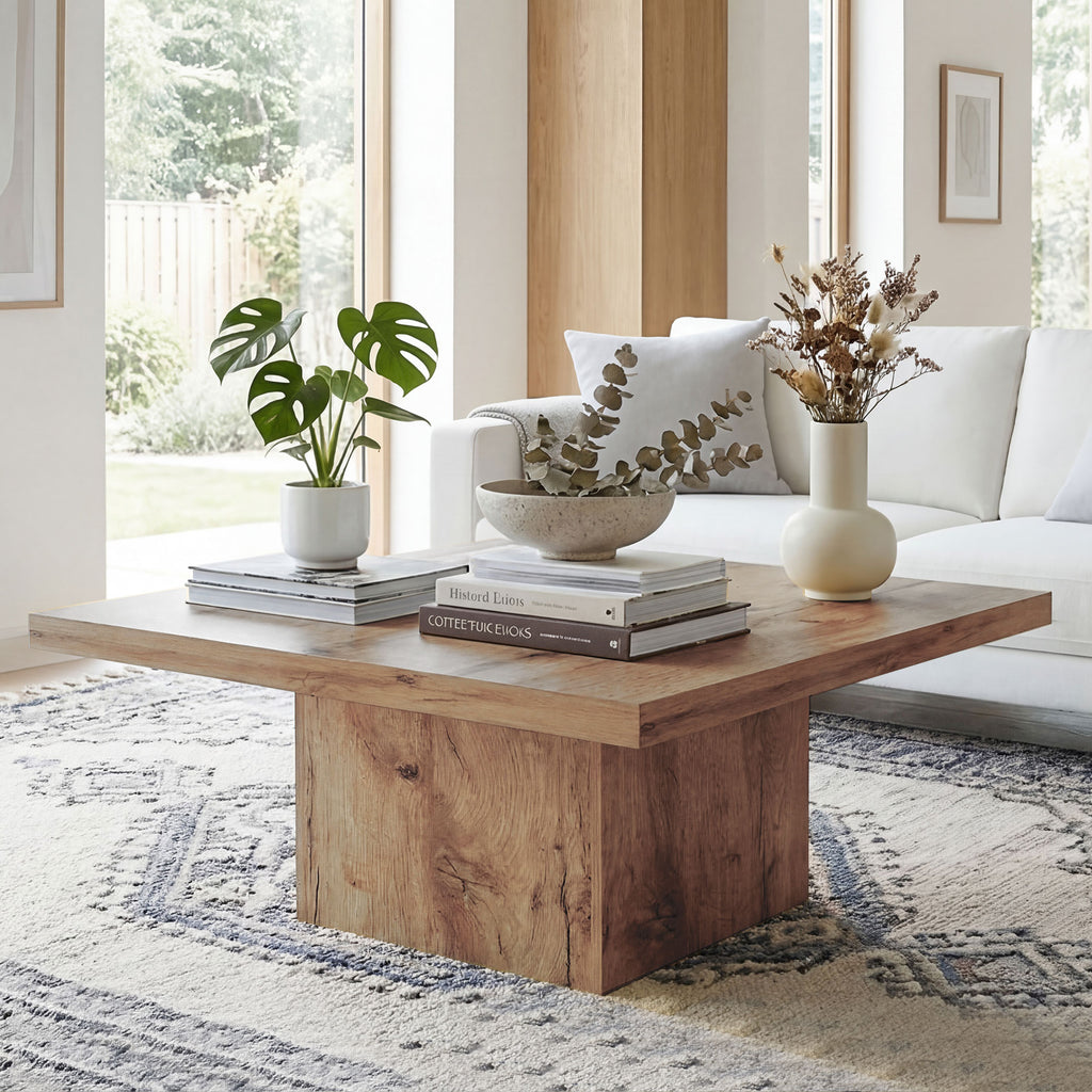 Square Coffee Table, Center Table with 1.6" Thick Tabletop, Light Brown