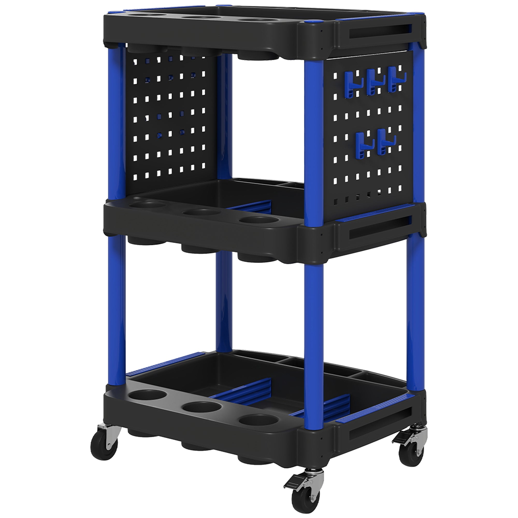 3-Tier Rolling Tool Cart, 200 LBS Capacity Plastic Utility Cart with Side Shelves for Garage Workshop, Black & Dark Blue