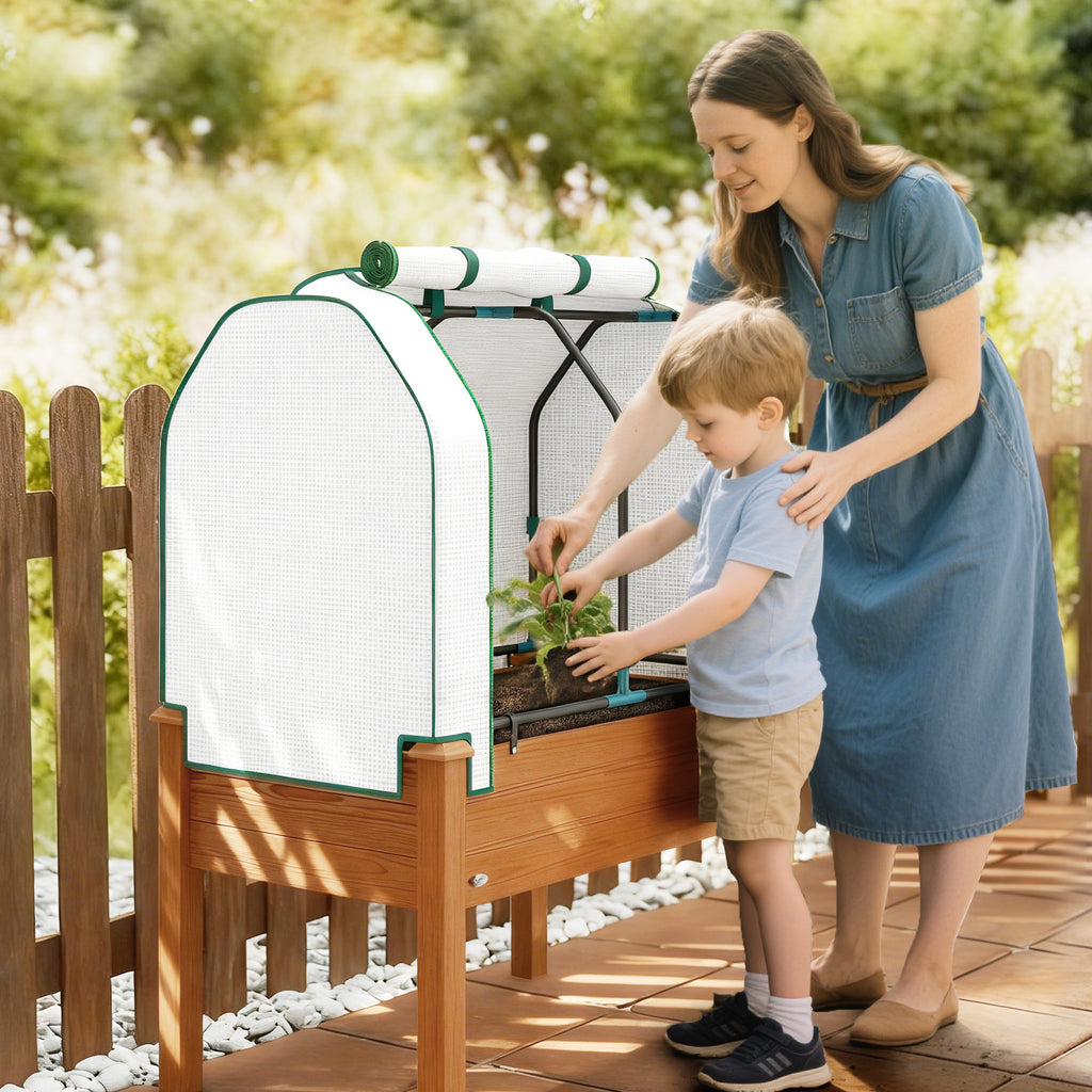 Raised Garden Bed with PE Greenhouse Cover Outdoor Planter Box for Herbs and Vegetables, 35 x 22 x 47 inch, Brown