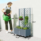 Planter Box with Trellis, Self Watering Raised Garden Bed with Lockable Wheels and Drainage Holes, Gray