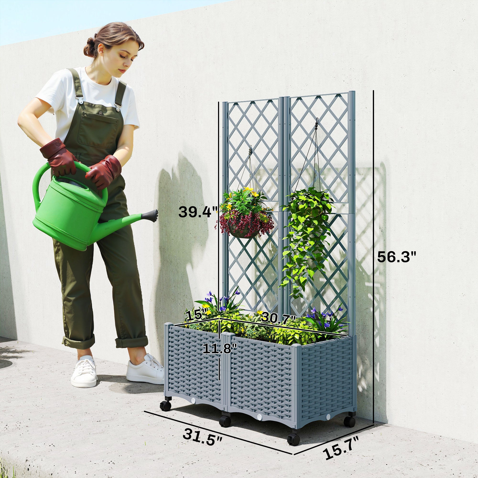 Planter Box with Trellis, Self Watering Raised Garden Bed with Lockable Wheels and Drainage Holes, Gray