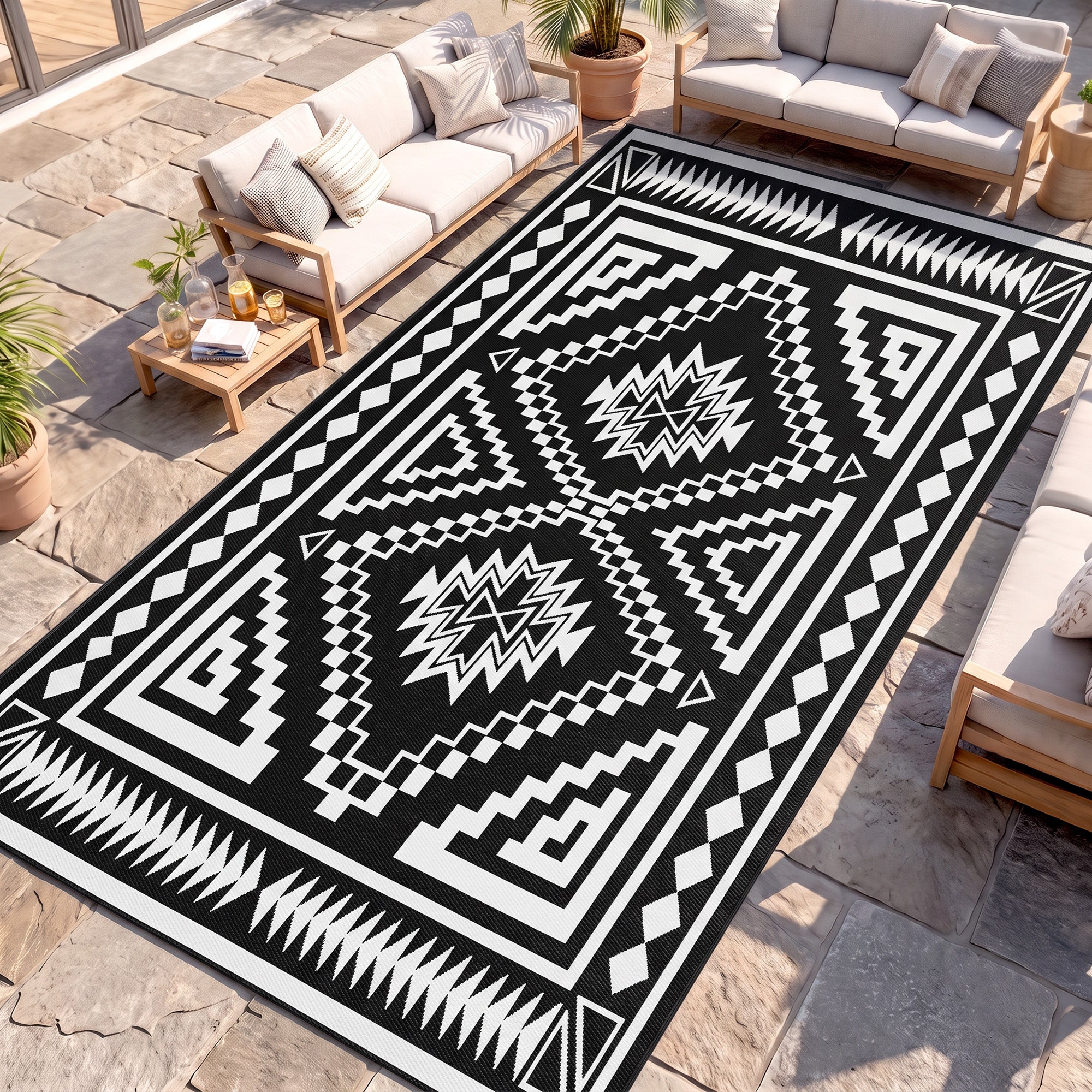 Reversible Outdoor Rug, Waterproof Plastic Straw with Carry Bag, 9' x 18', Black & White Square Patchwork