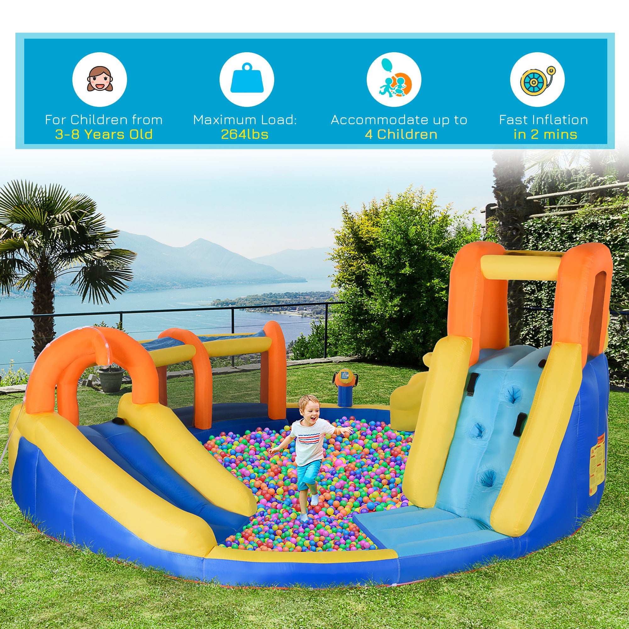 6-in-1 Inflatable Water Slide Kids Bounce House Jumping Castle Includes Slide Basket Pool Climbing Wall Tunnel