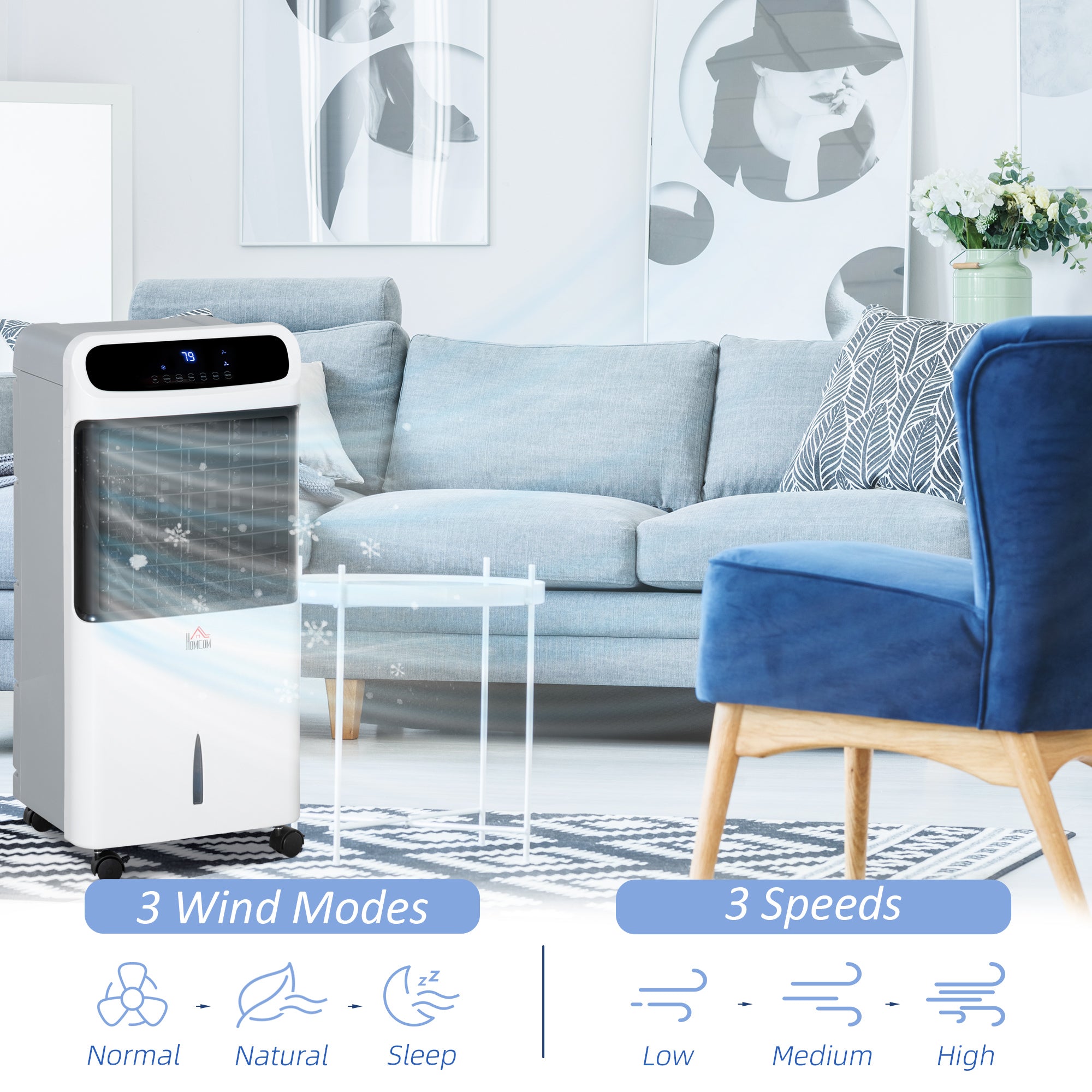 3-In-1 Ice Cooling Fan, Mobile Evaporative Air Cooler with Remote, Timer, Oscillating for Home Office, Bedroom, White