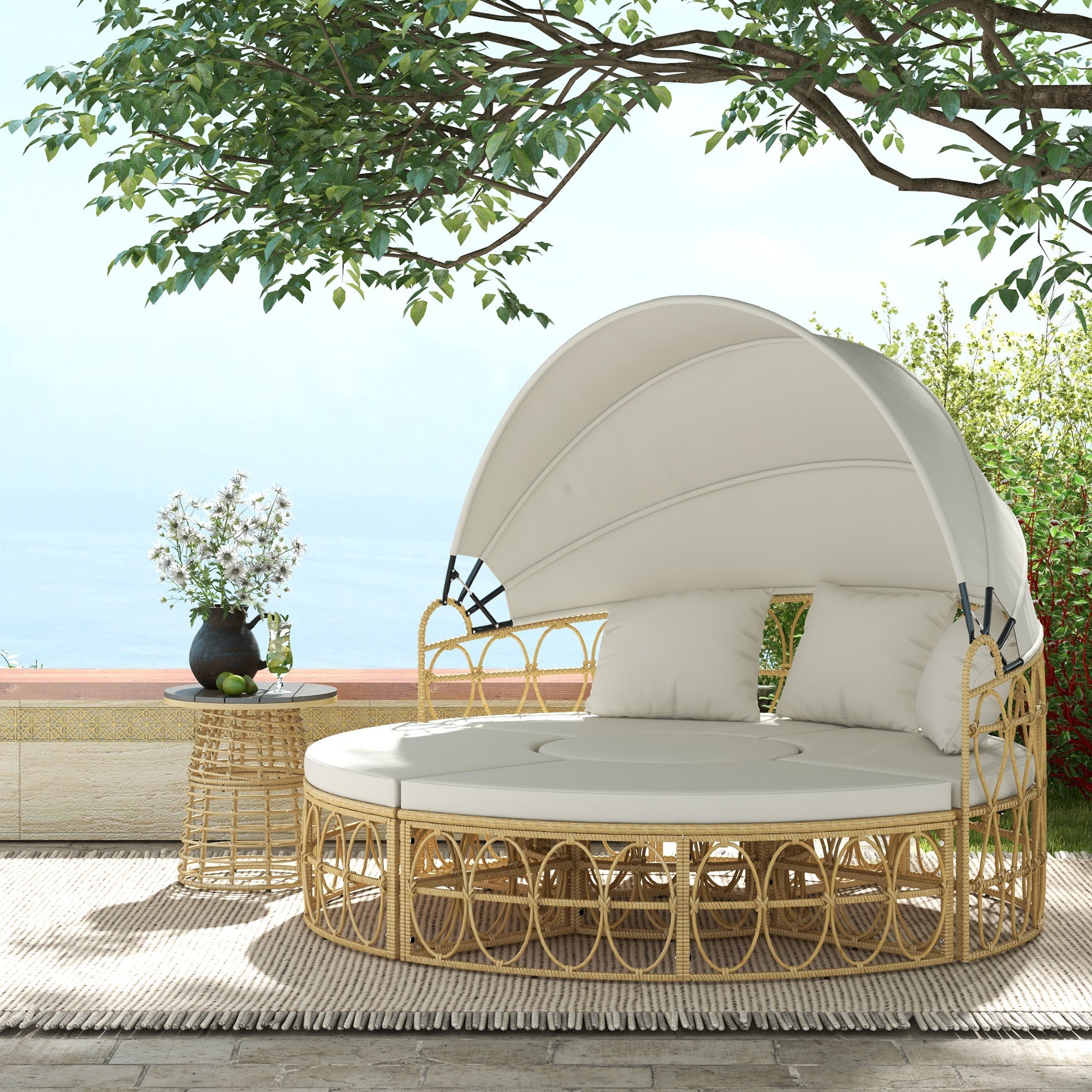 Patio Furniture Set, Round Outdoor Daybed with Retractable Canopy, Hollow Wicker PE Rattan Sectional Sofa with Washable Couch Cushions for Pool, Lawn, Cream White, 70" x 33.5" x 26.25"