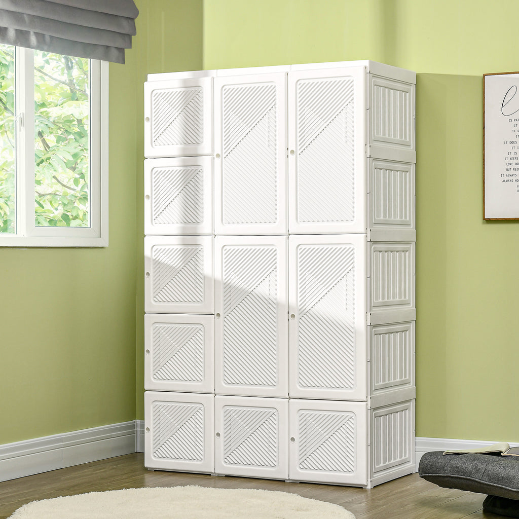 Portable Wardrobe Closet, Folding Clothes Storage Organizer with 8 Cube Compartments, 2 Hanging Rods, 11 Magnet Doors, White