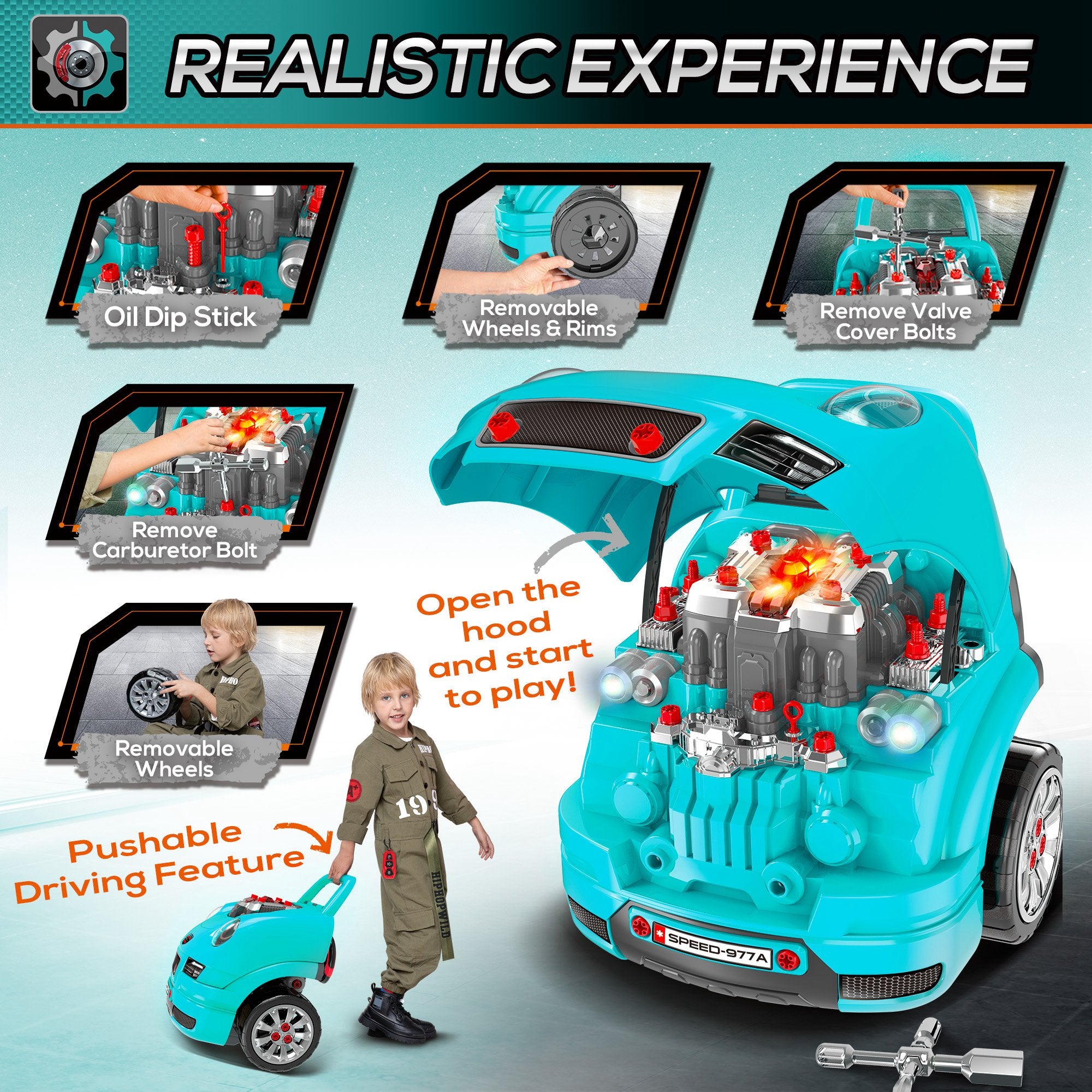 Mechanic Kids Truck Engine Toy Set, Car Service Play Set, Teal