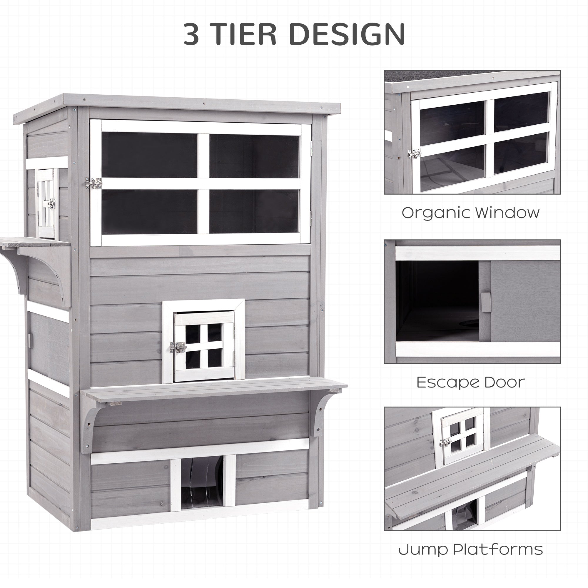 Outdoor Cat House, 3-Tier Kitty Shelter with 5 Escape Doors, Weather Resistant, Gray & White