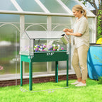 Elevated Garden Box with Greenhouse Cover, Raised Garden Bed with Legs and Drainage Hole for Vegetables, Green