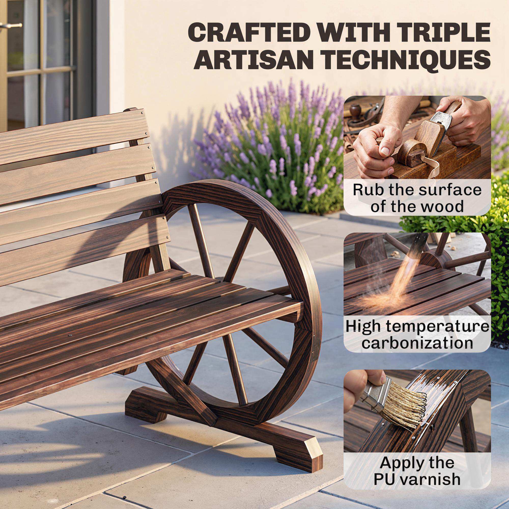41" Wooden Wagon Wheel Bench, Rustic Outdoor Patio Bench Weather Resistance Furniture, 2-Person Slatted Seat with Backrest, Carbonized