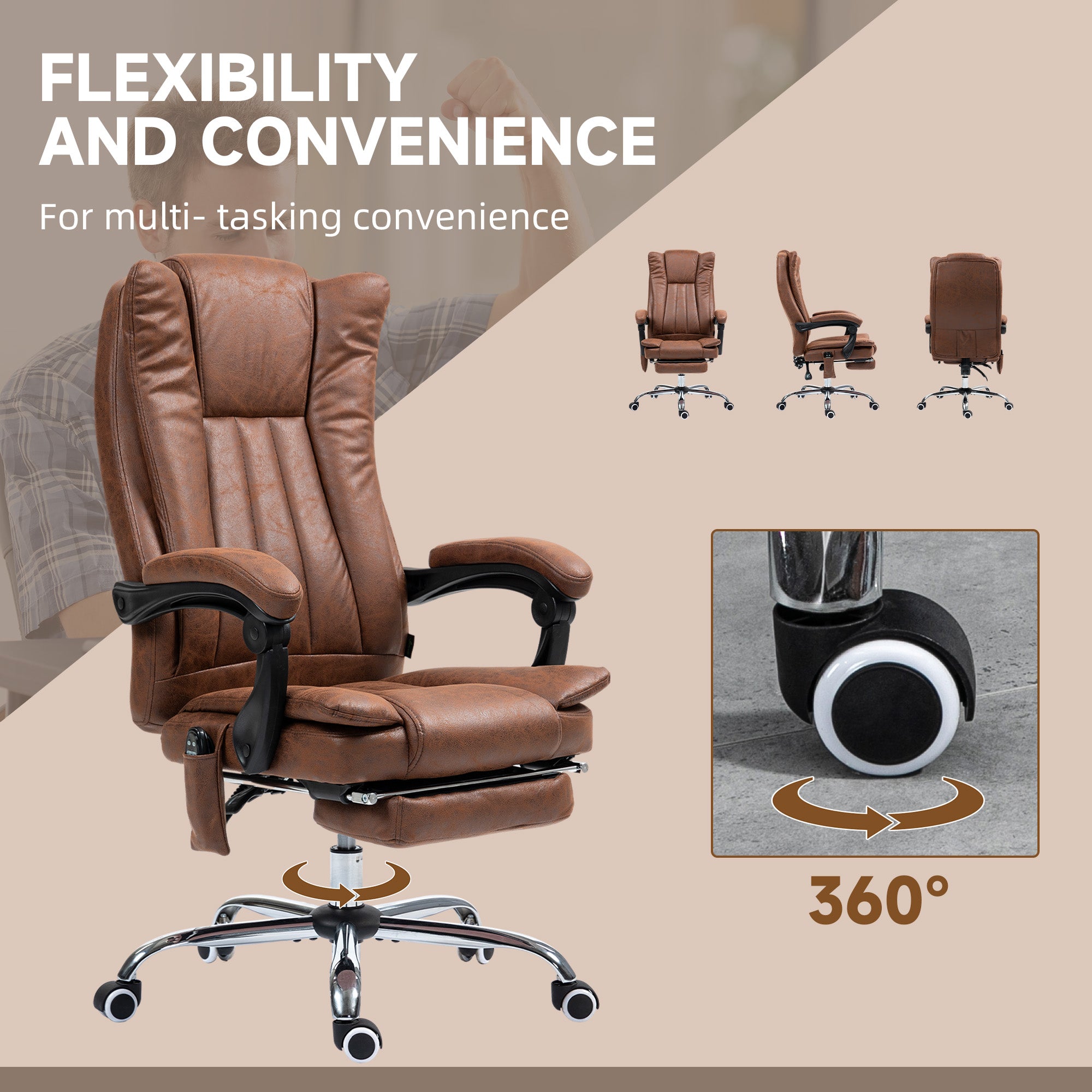 Massage Office Chair with 6 Points and Heat, Reclining Computer Chair with Adjustable Height and Footrest, Brown