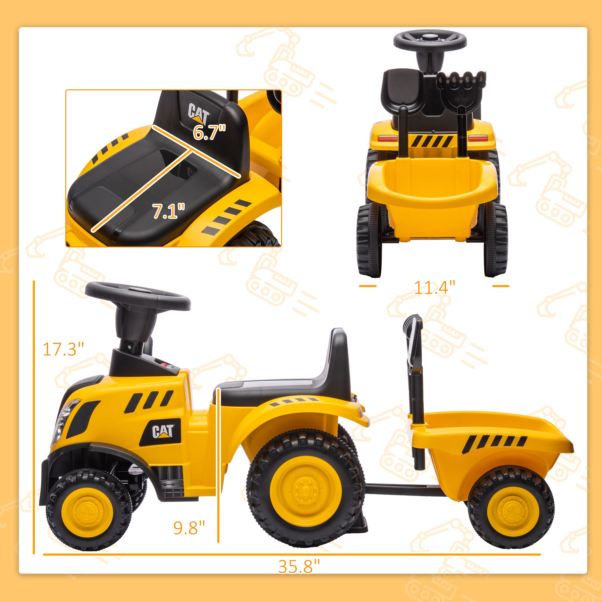 Caterpillar Licensed Ride-On Construction Toy with Shovel & Trailer, No Power Ride-on Tractor for 18-36 Months