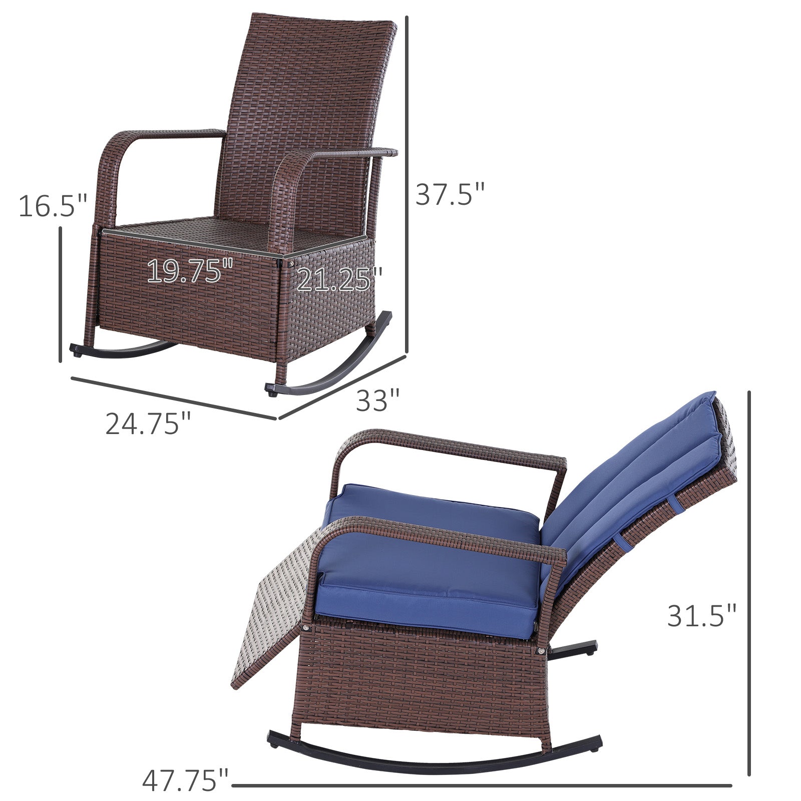 Outdoor Rattan Wicker Rocking Chair Patio Recliner with Soft Cushion, Adjustable Footrest, Max. 135 Degree Backrest, Blue