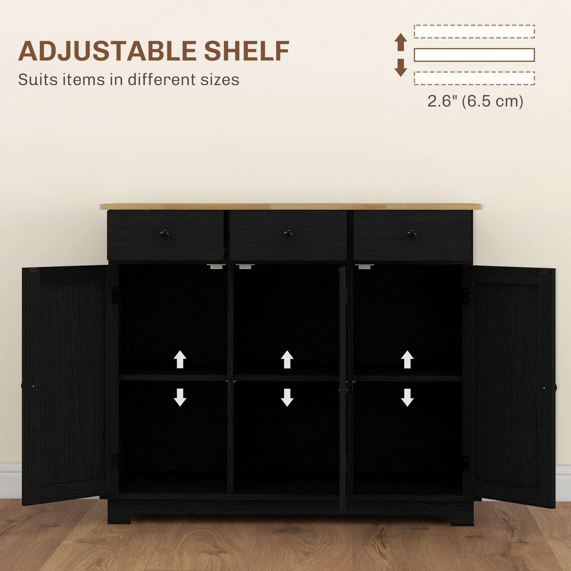 Kitchen Storage Cabinet, Sideboard Floor Cupboard with Solid Wood Top, Adjustable Shelf, and 3 Drawers, Black Wood Grain
