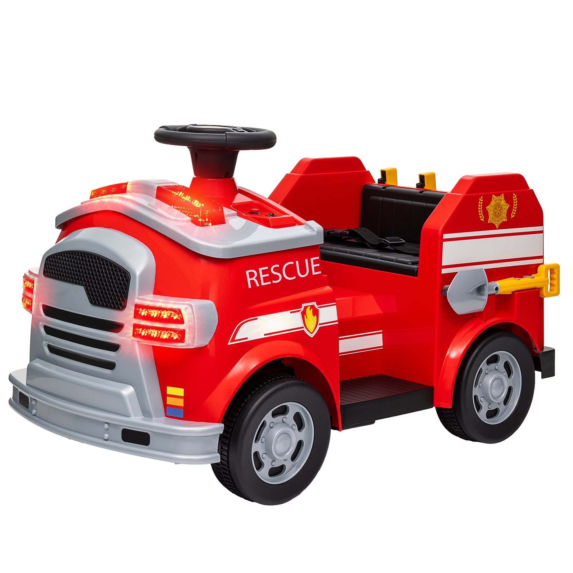 12V Ride on Fire Truck with Siren, Flashing Lights Fire Extinguisher, Soft Start, Horn Music, Red