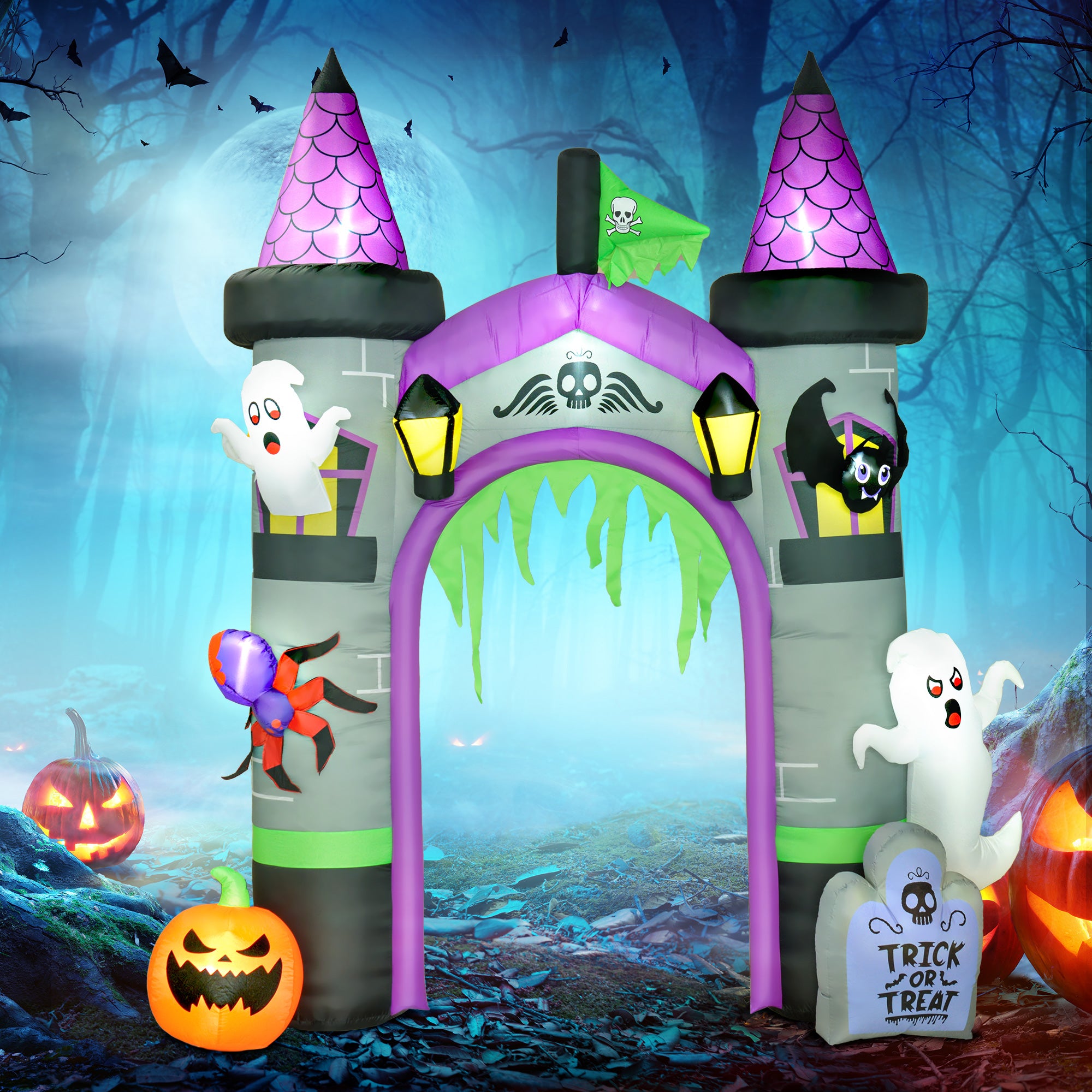 12ft Large Inflatable Halloween Archway with Ghost, Pumpkin, Spider and Bat