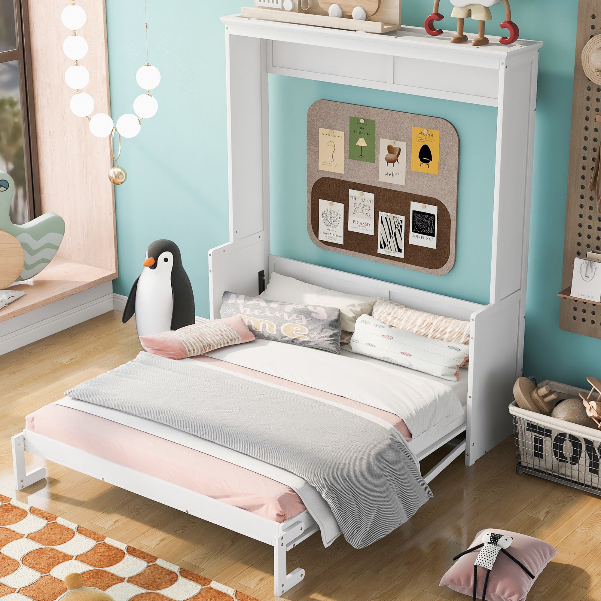 Space-Saving Design Queen Size Murphy Bed with Shelf, Solid Wood and MDF, 86" L x 69.5" W x 87" H, White