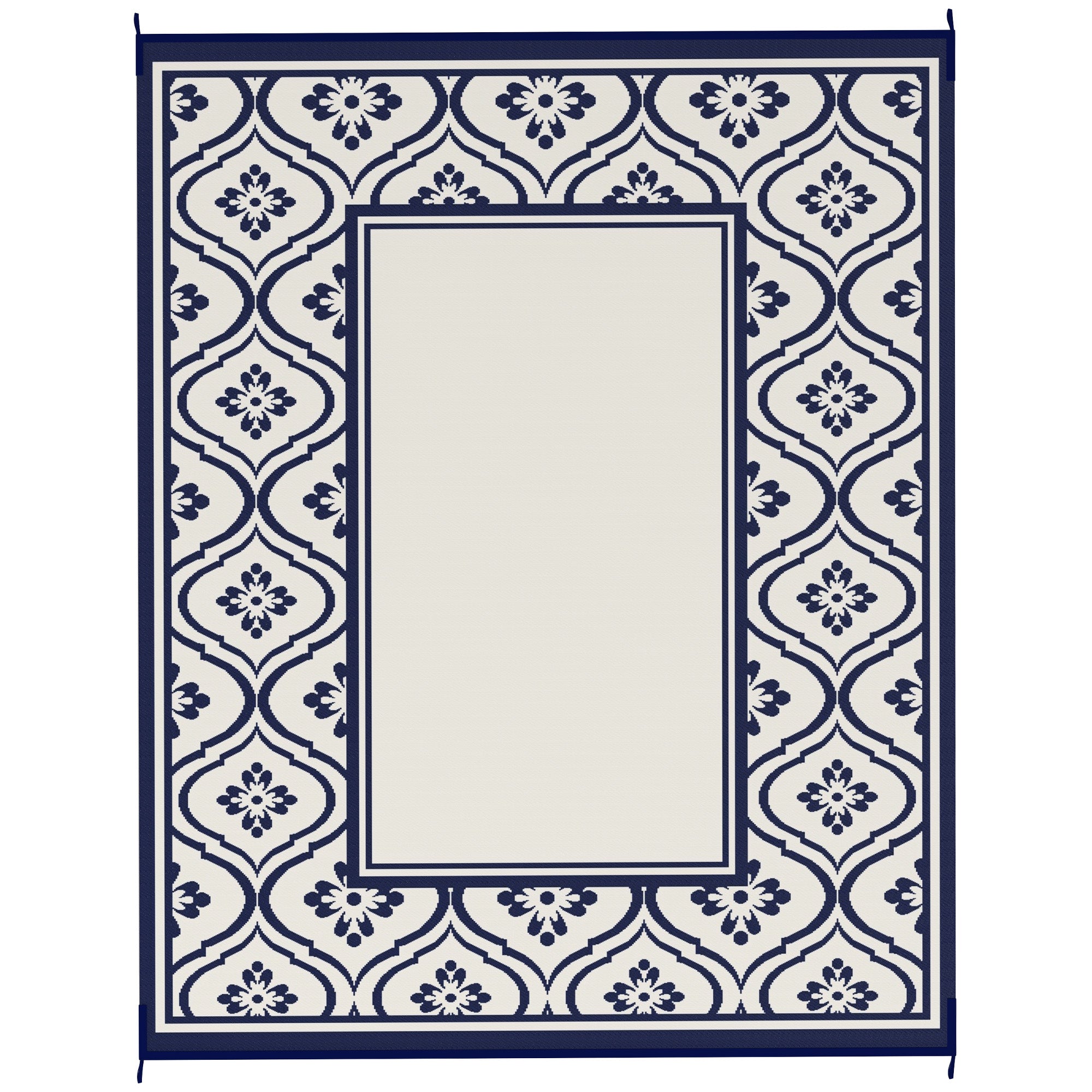 Reversible Outdoor Rug, Waterproof Plastic Straw with Carry Bag, 8' x 10', Blue & White Gourd Border