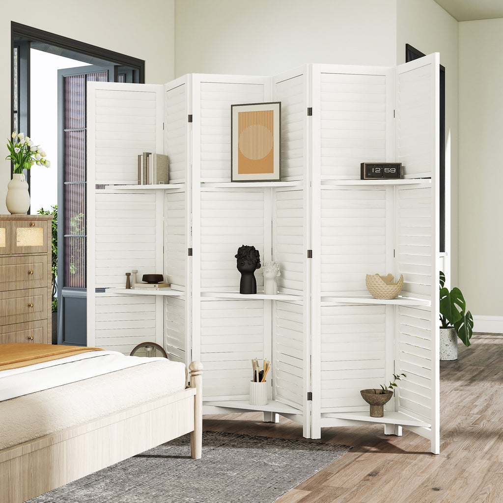 6 Panel 67" Tall Wood Privacy Screen Room Divider with 3 Shelves and Folding Storage for Bedroom, White