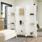 6 Panel 67" Tall Wood Privacy Screen Room Divider with 3 Shelves and Folding Storage for Bedroom, White