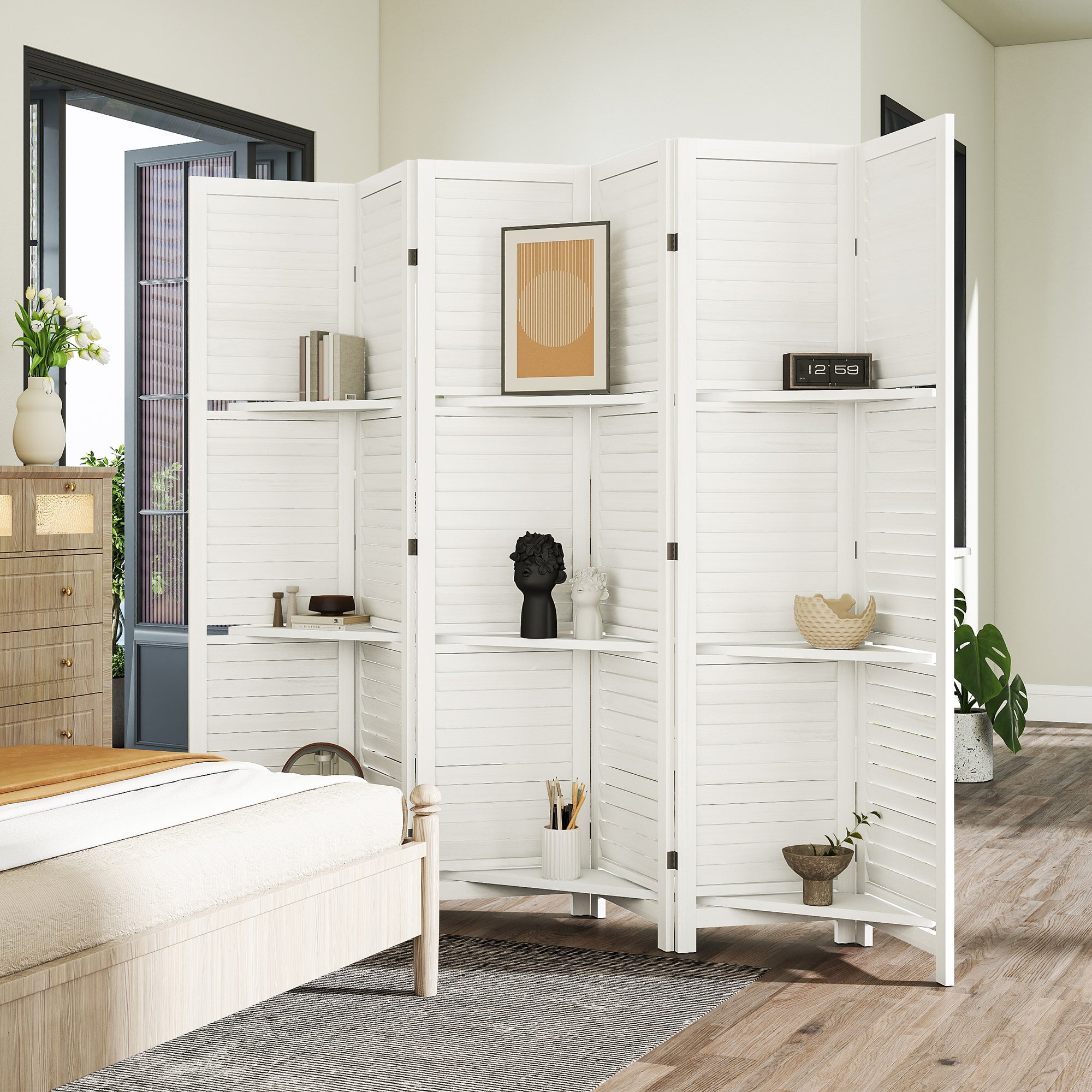 6 Panel 67" Tall Wood Privacy Screen Room Divider with 3 Shelves and Folding Storage for Bedroom, White