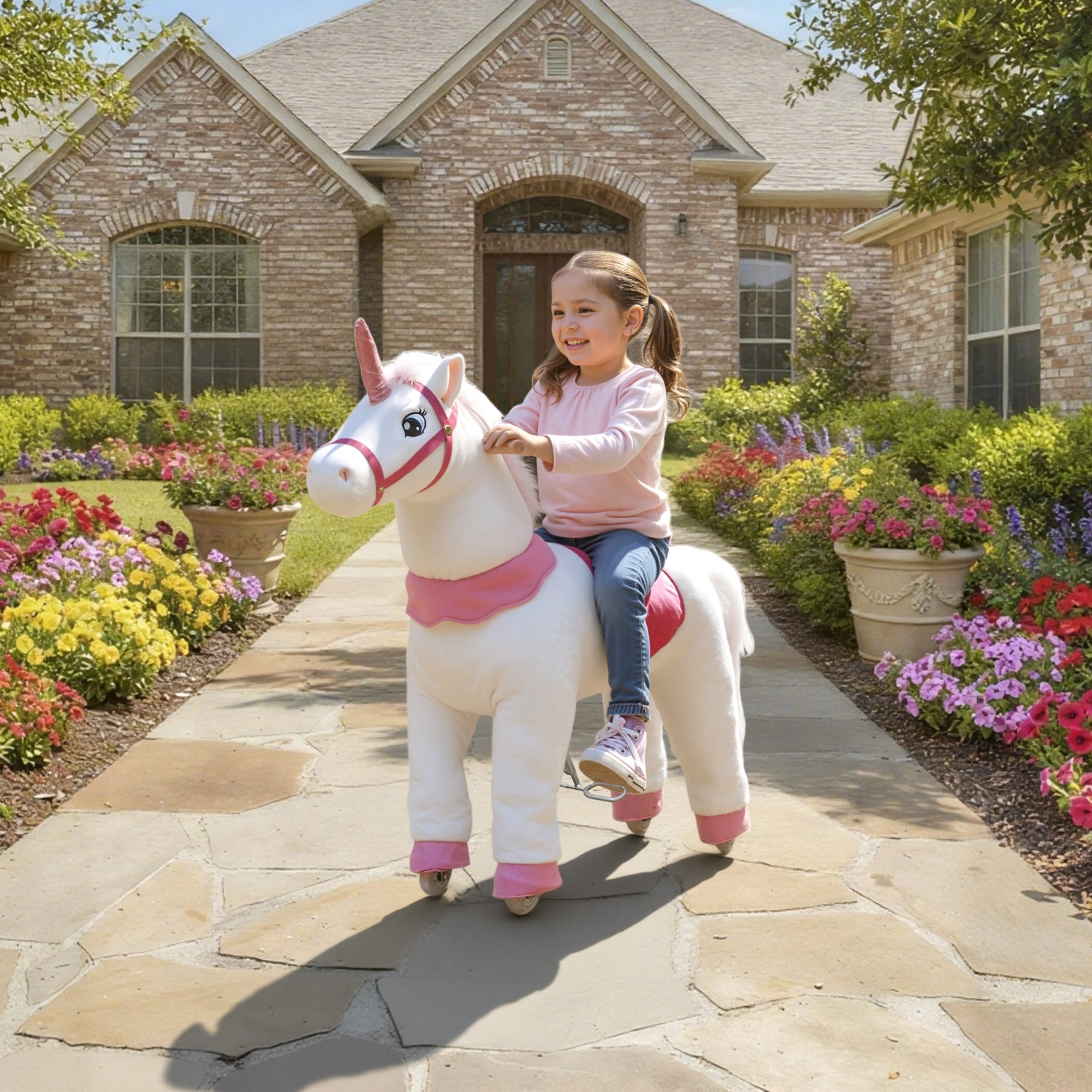 Ride on Unicorn Toy for Kids 4-7 Years, 37.8 Inch Plush Baby Rocking Horse with Wheels, No Battery Required, White