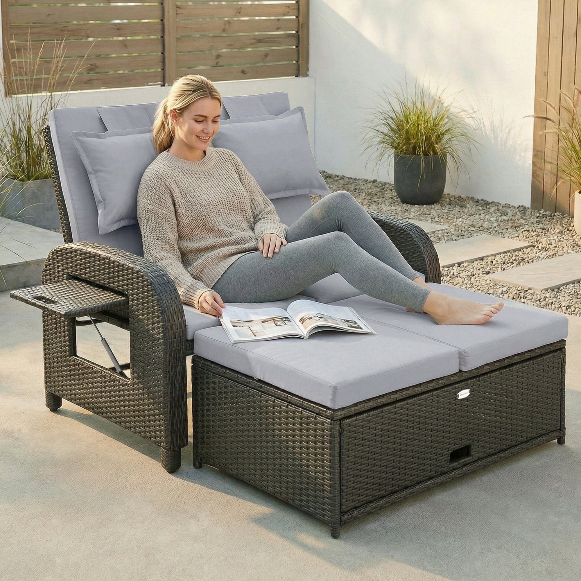 Patio Rattan Daybed, Wicker Outdoor Daybed with Storage Ottoman, Loveseat w/ Adjustable Backrest, Gray