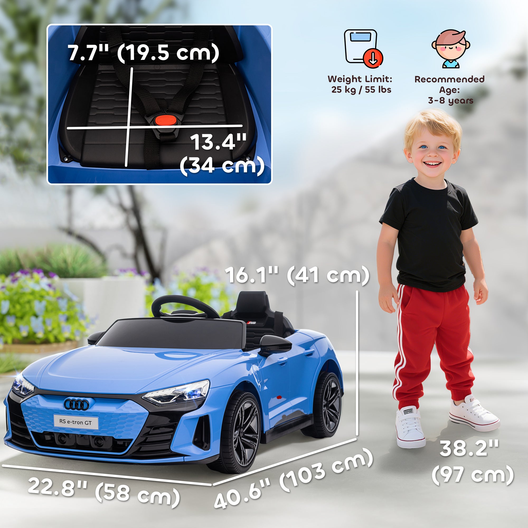 Electric Car for Kids, 12V Licensed RS E-tron GT 3.1 MPH Kids Ride on Car, Ride-on Toy with Remote Control, 4 Suspension Wheels, Horn, Music, Lights, for Boys and Girls, Blue
