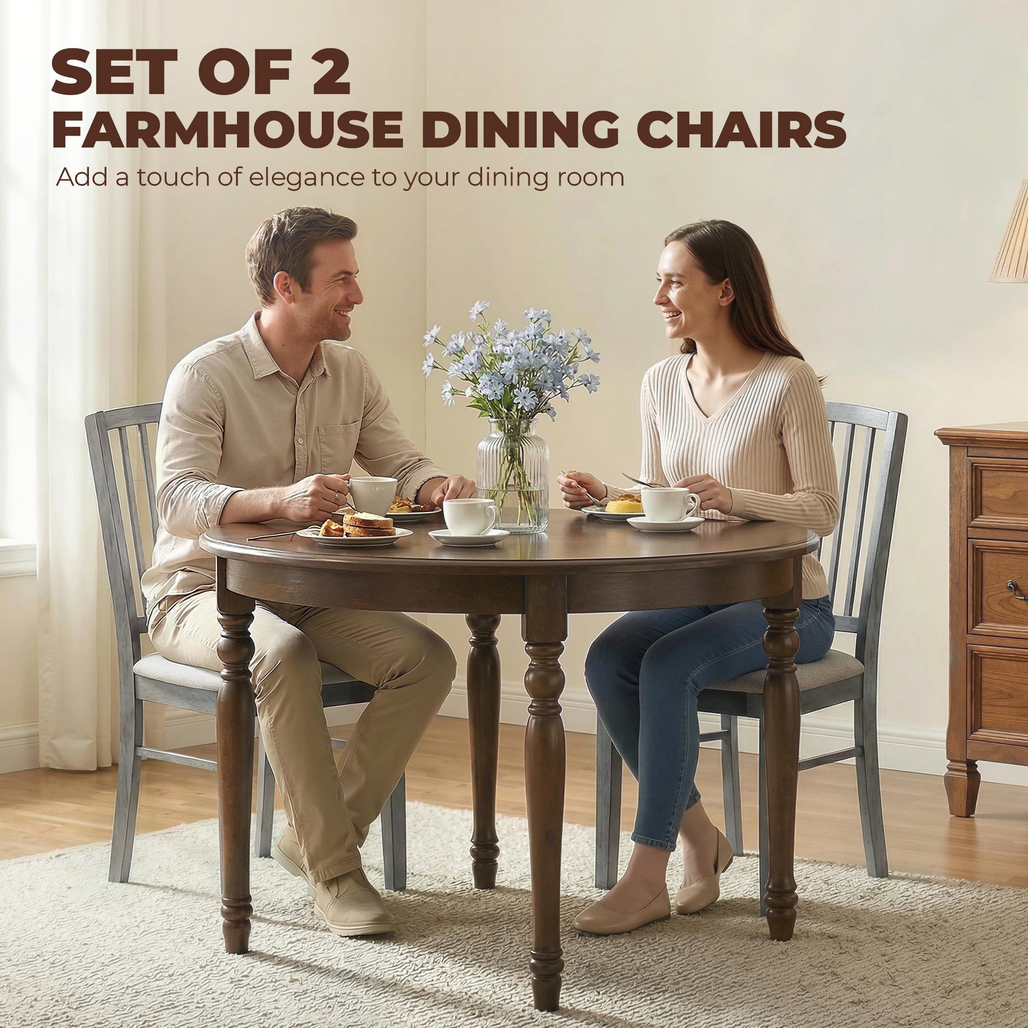 Dining Chairs Upholstered Kitchen Chairs with Rubberwood Legs Set of 2, Rustic Gray