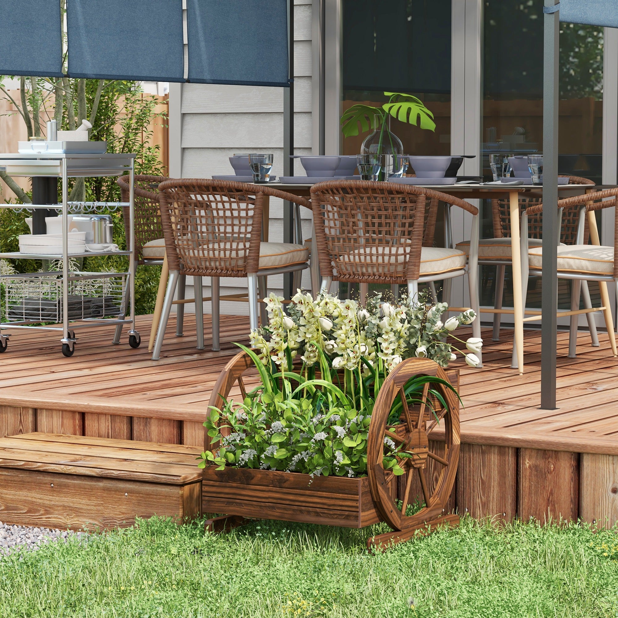 Wooden Wagon Planter Box, 3-Tier Raised Garden Bed, for Vegetables Flowers Herbs, 25" x 24" x 23"