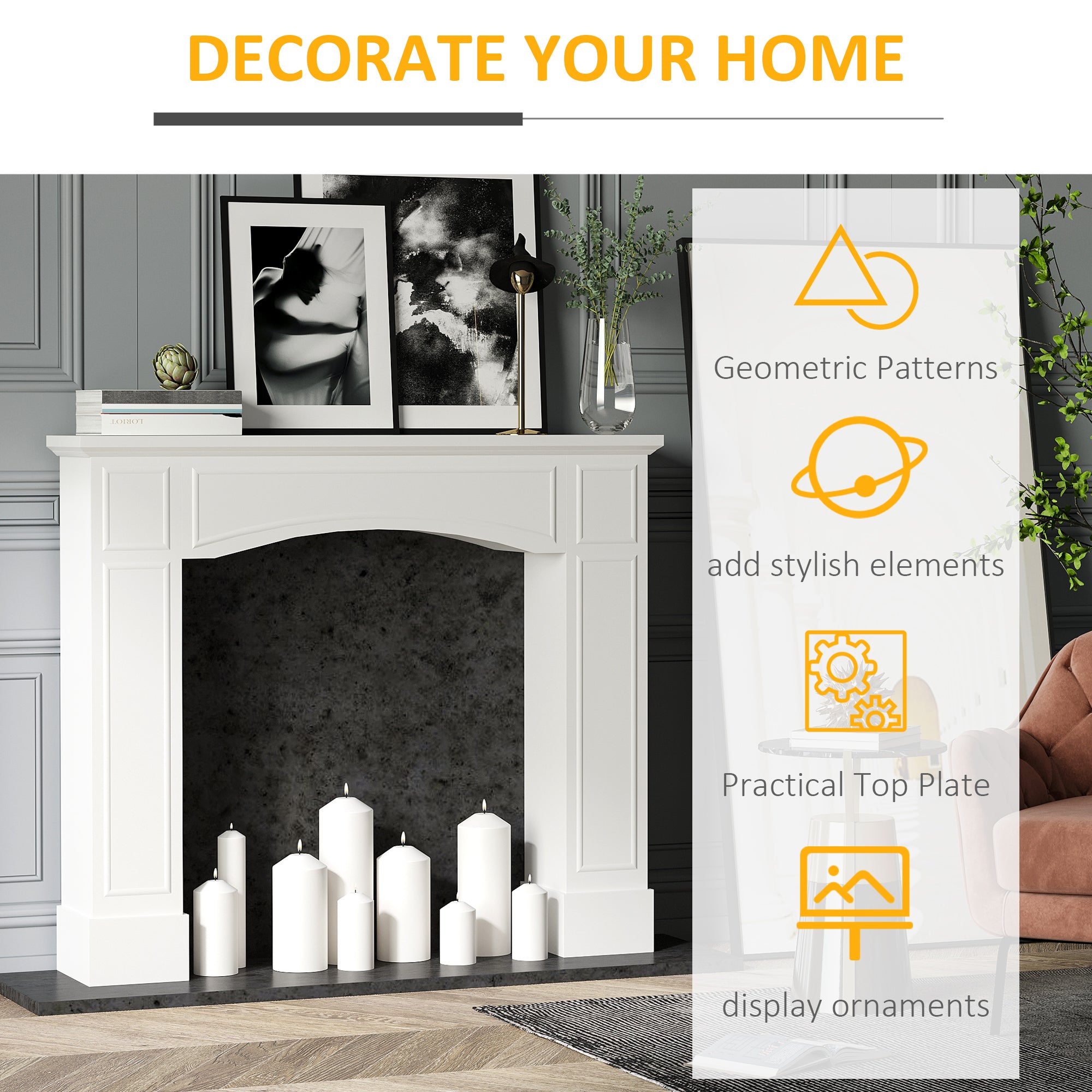 Modern Fireplace Mantel, Surround Mantels for Fireplace with Decorative Pattern Interior Width 29" White