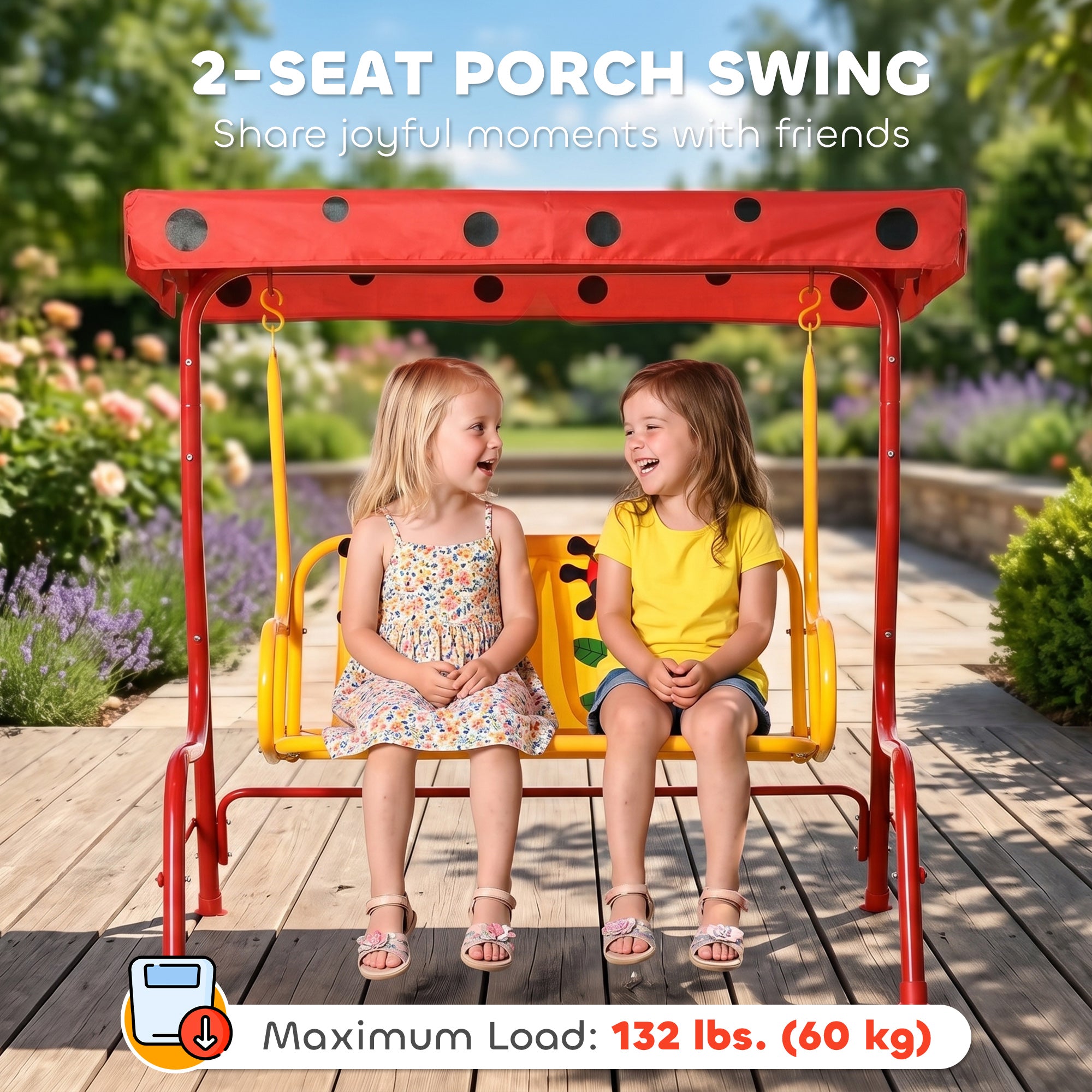 Kids Patio Swing, Adjustable Canopy Swing Glider, Kids Outdoor Swing Chair with 2 Seats, Seat-Belted Safety, Red