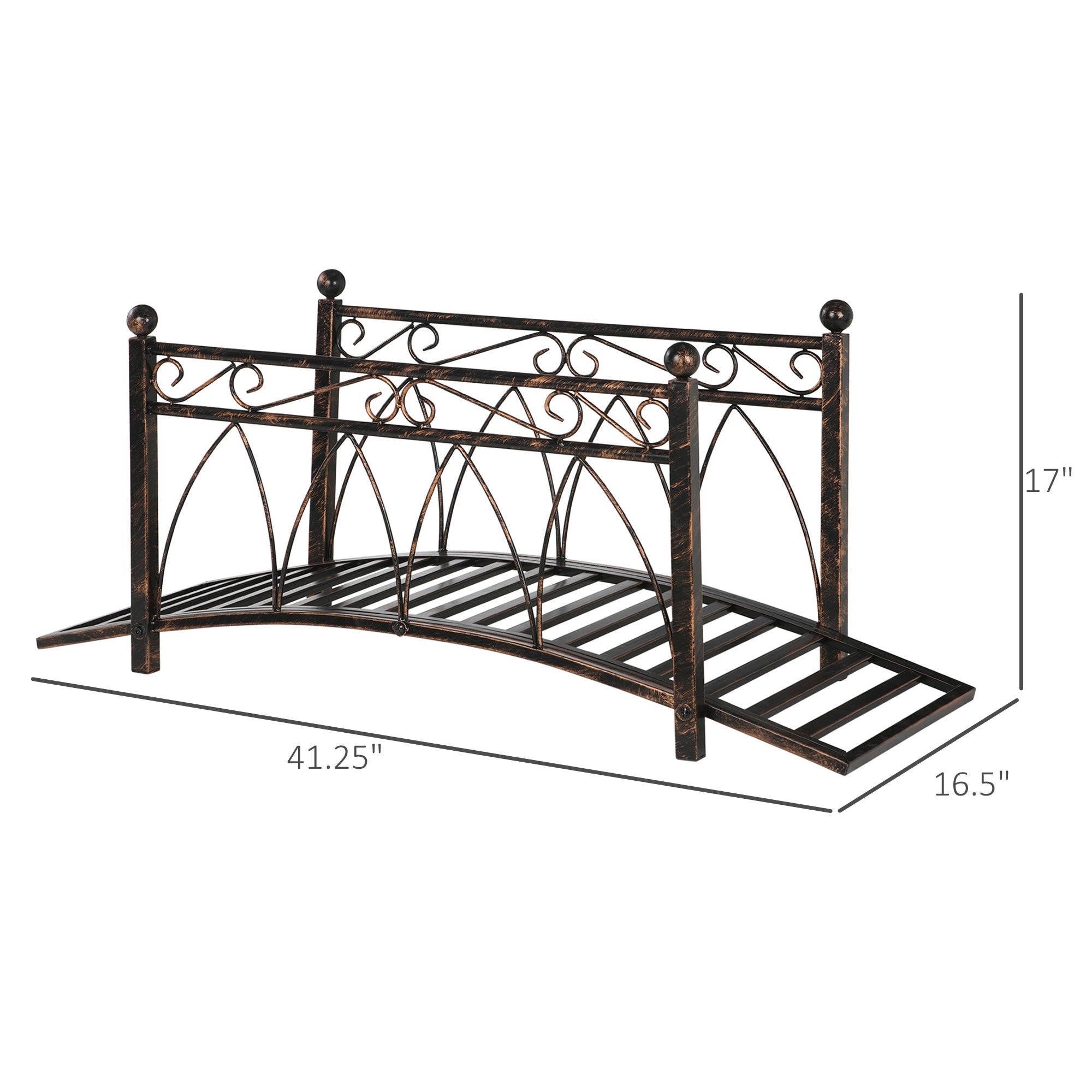 3.3' Metal Arch Zen Garden Bridge with Safety Siderails, Decorative Footbridge, Delicate Scrollwork & Corner Spheres for Stream, Fish Pond, Bronze