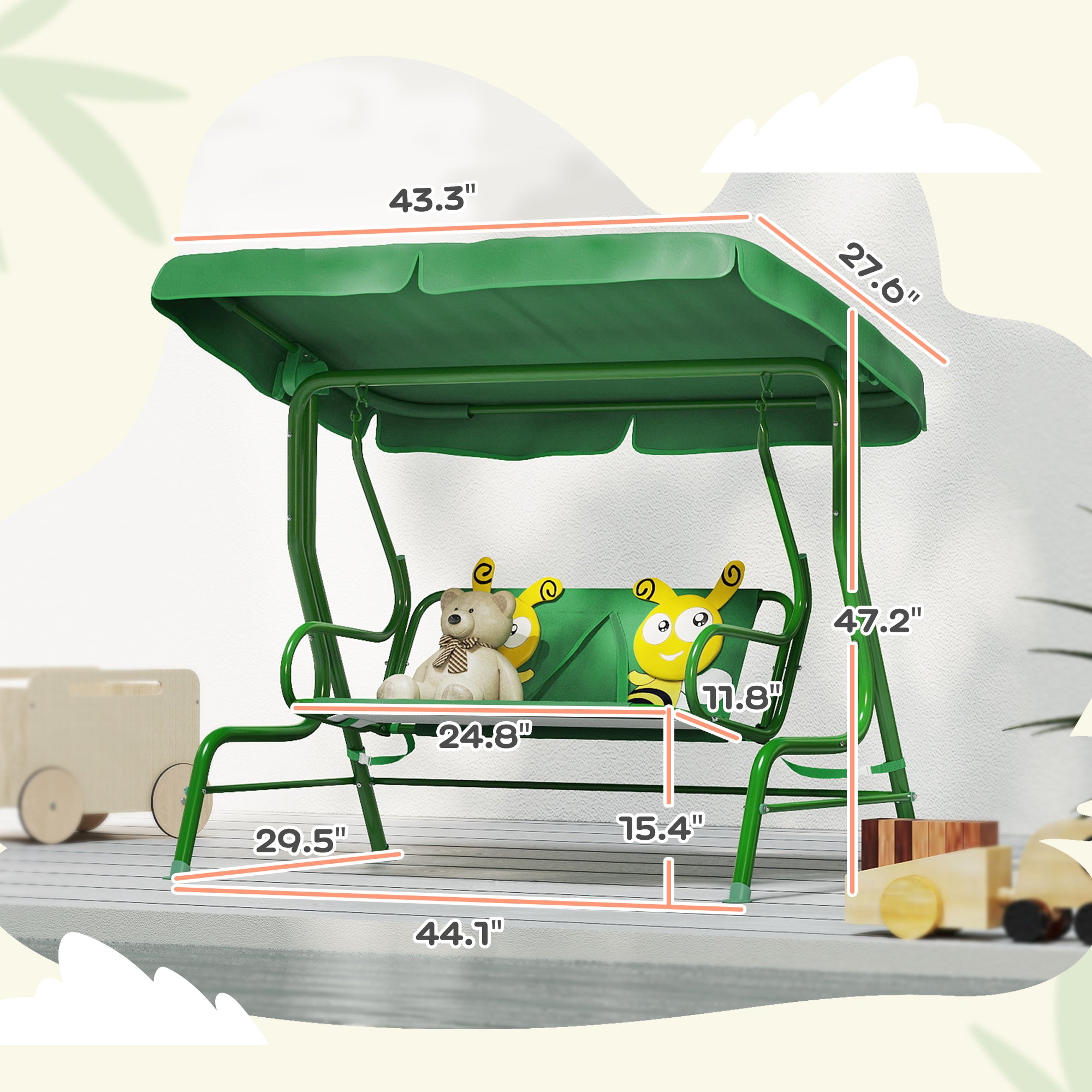 Kids Patio Swing Chair with Adjustable Canopy, Safety Belt for Patio, Garden, Poolside, Balcony, Dark Green