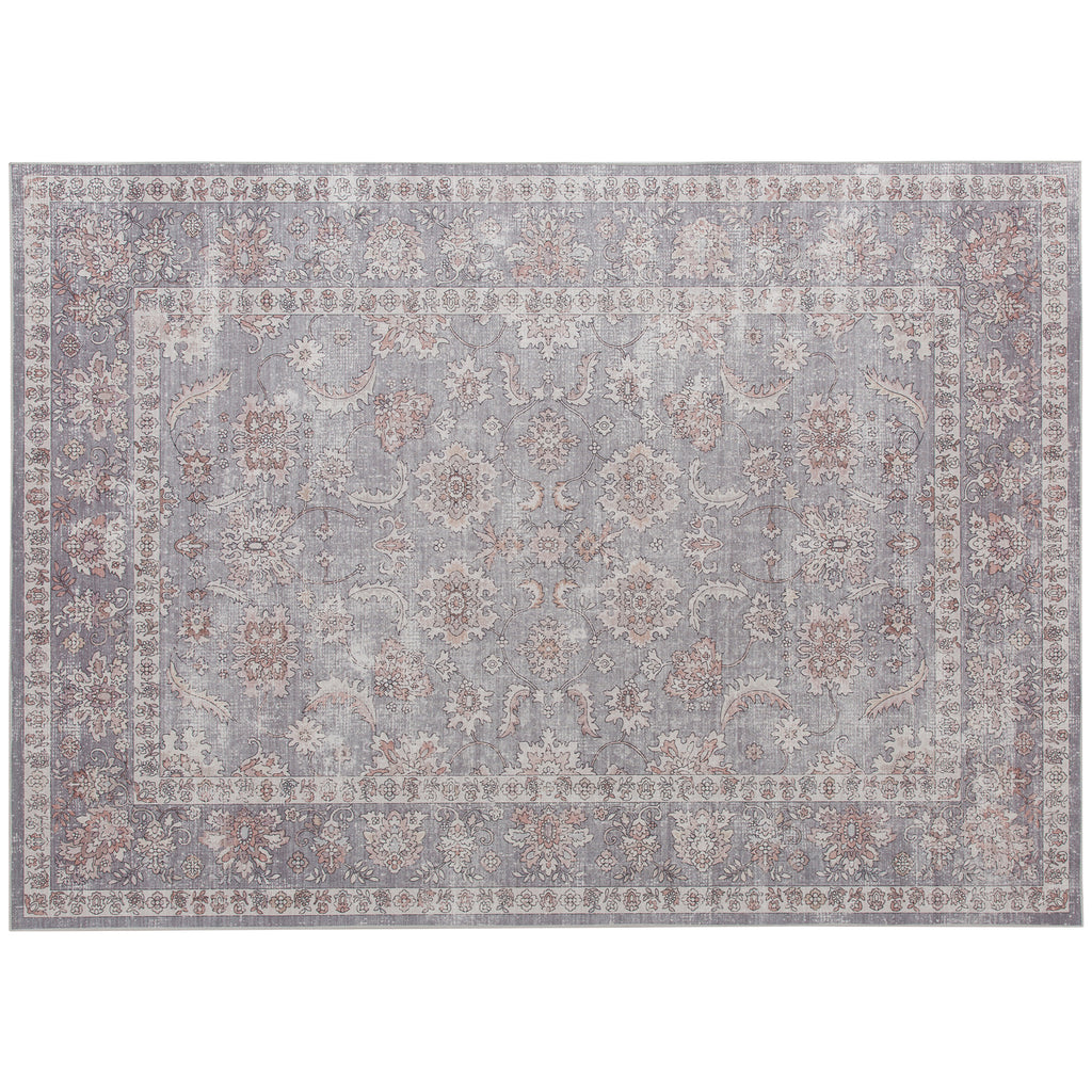 Machine Washable Area Rug 5x7, Non-Slip Traditional Flower Print Floor Carpet for Living Room, Bedroom, Grey and Brown