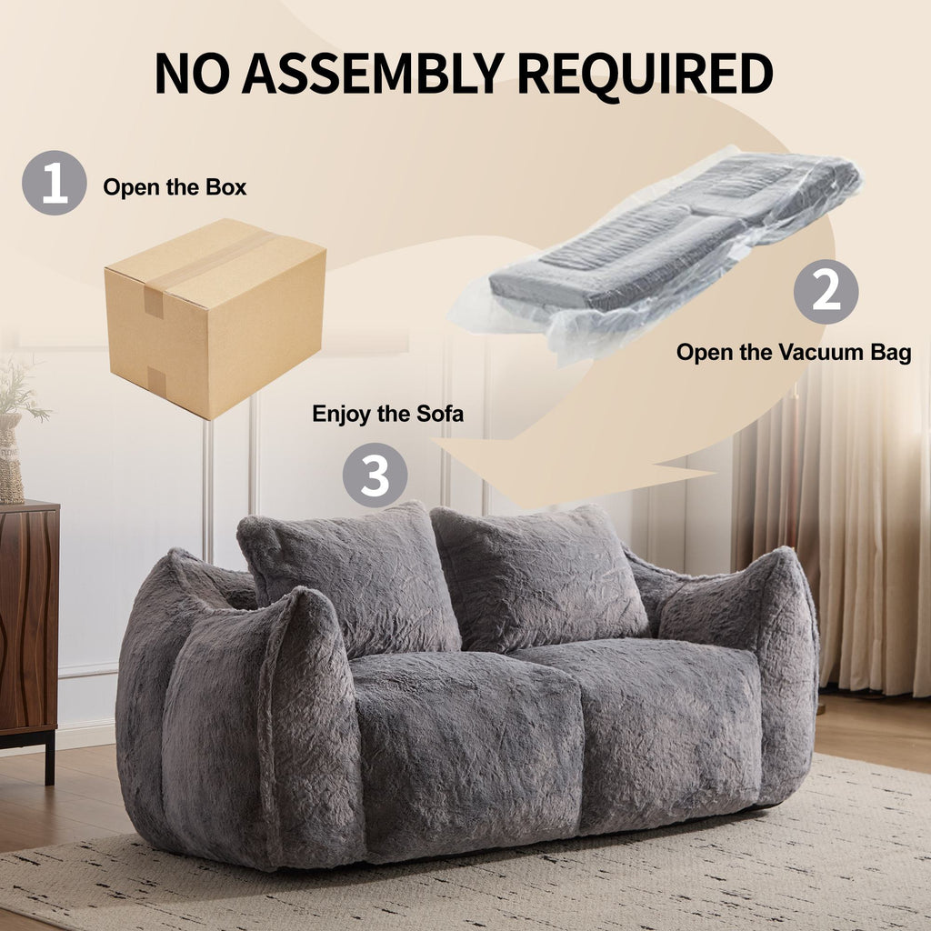 Bean Bag Sofa with High-Density Foam and Faux Fur Fabric, Compressed Sofa Oversized Fluffy Loveseat for Adults, 75" L x 42.5" W x 28.5" H, Grey