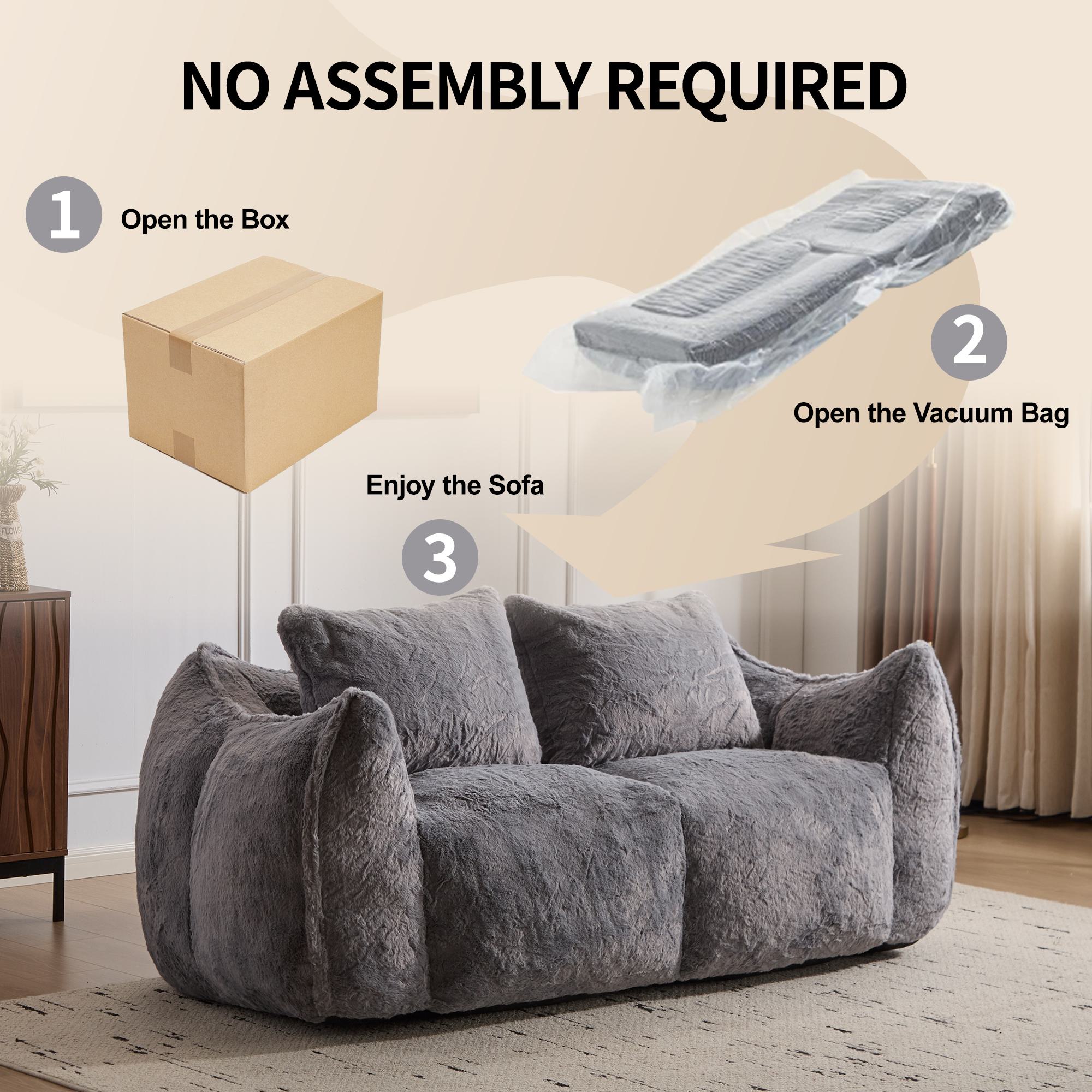 Bean Bag Sofa with High-Density Foam and Faux Fur Fabric, Compressed Sofa Oversized Fluffy Loveseat for Adults, 75" L x 42.5" W x 28.5" H, Grey
