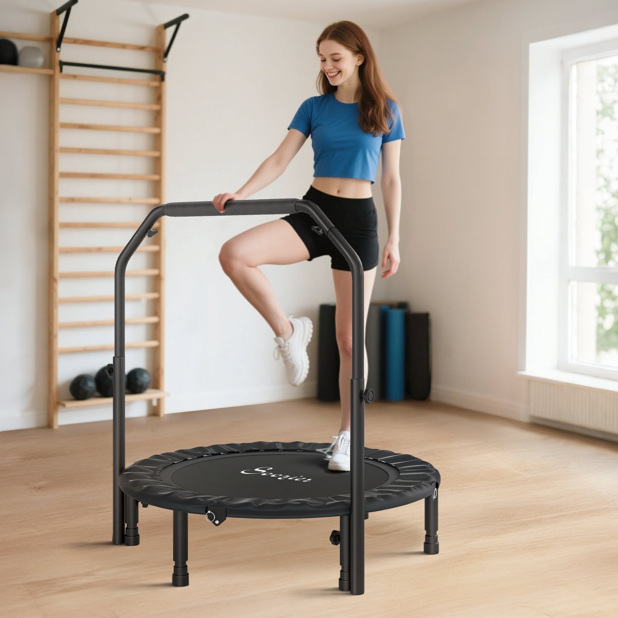 40" Foldable Mini Trampoline, Rebounder Trampoline for Adults with Adjustable Foam Handle, Black