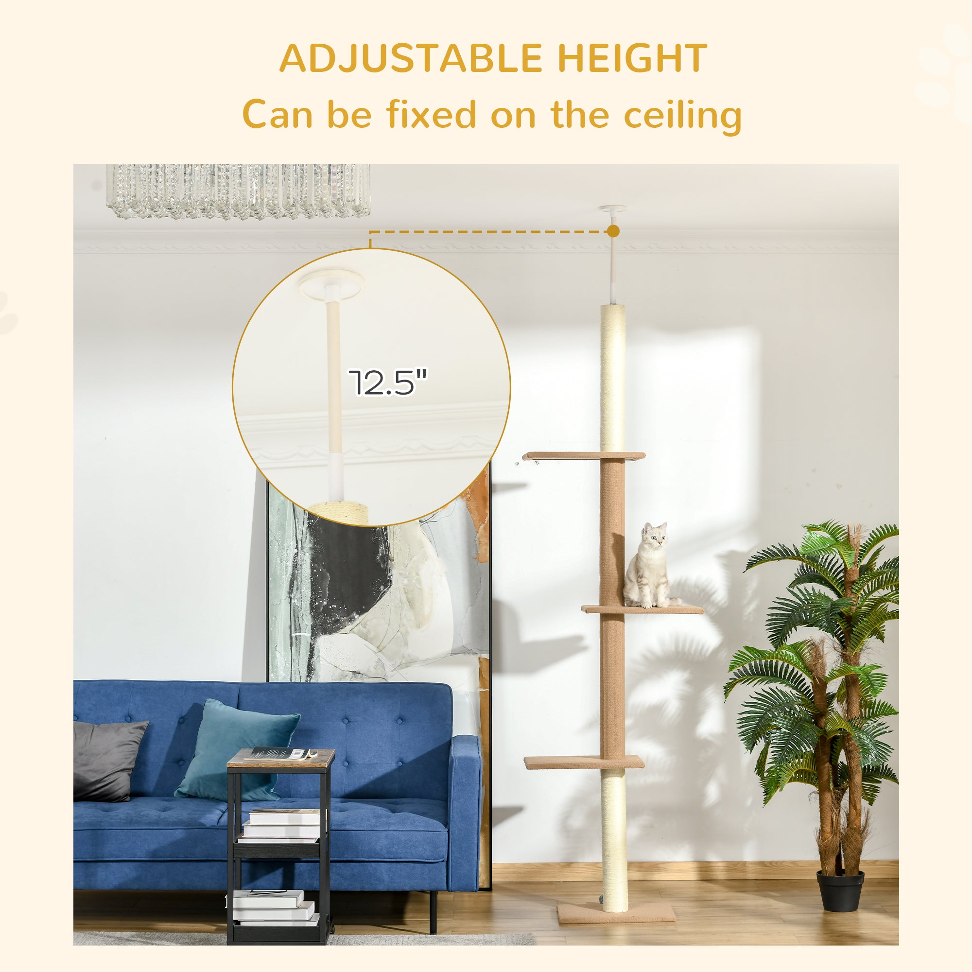 Floor-to-Ceiling Cat Tree Climbing Tower with Sisal-Covered Scratching Posts Natural Cat Tree Activity Center for Kittens Tower Furniture, Light brown