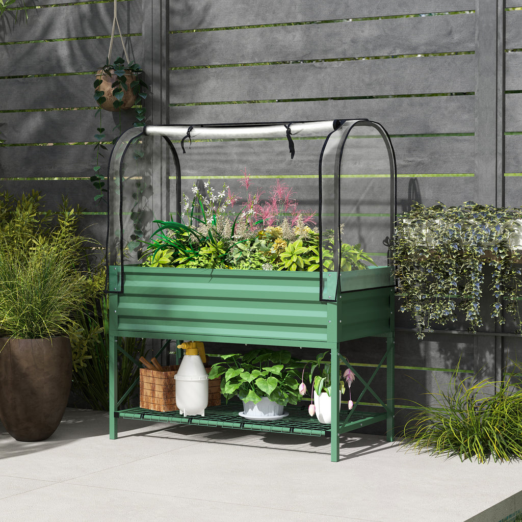 Raised Garden Bed with Legs and Cover, Metal Elevated Planter Box with Bottom Shelf and Liner for Vegetables, Green