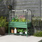 Raised Garden Bed with Legs and Cover, Metal Elevated Planter Box with Bottom Shelf and Liner for Vegetables, Green