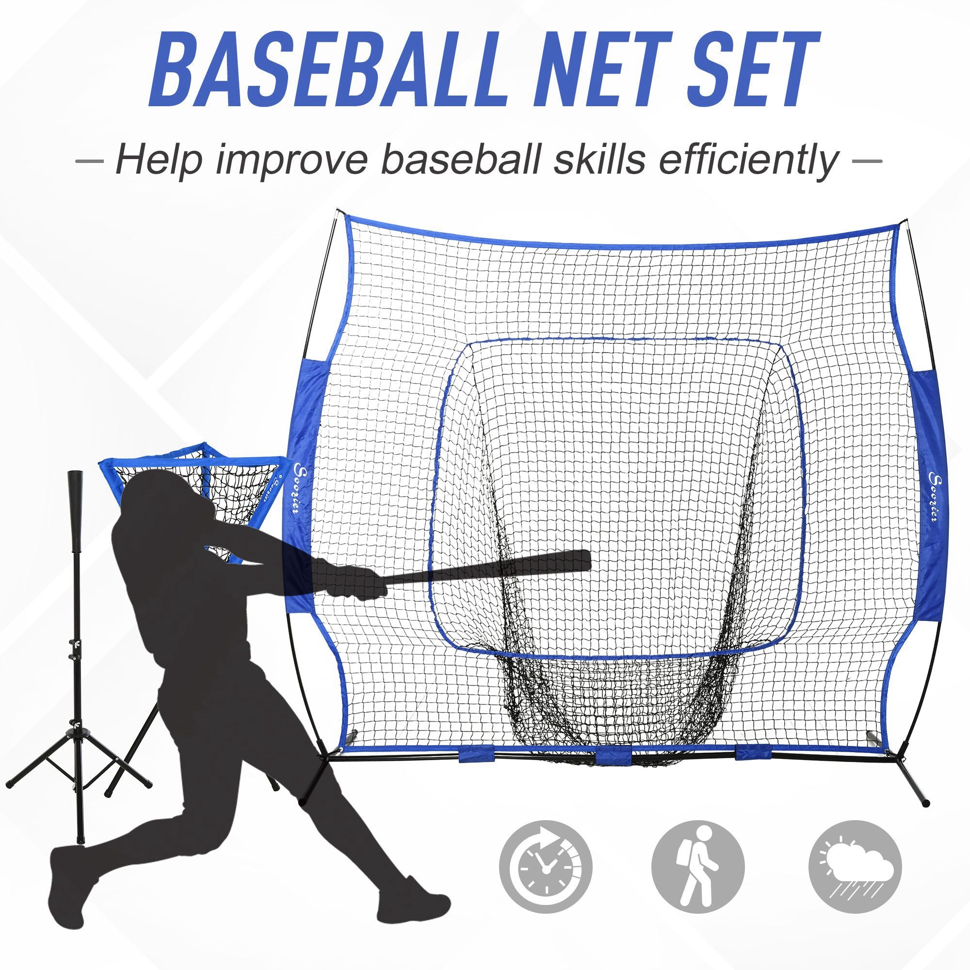 Baseball Net Set with 7.5x7ft Catcher Net, Ball Caddy, Portable Pitching Net for Hitting, Pitching, Batting, Catching, Blue