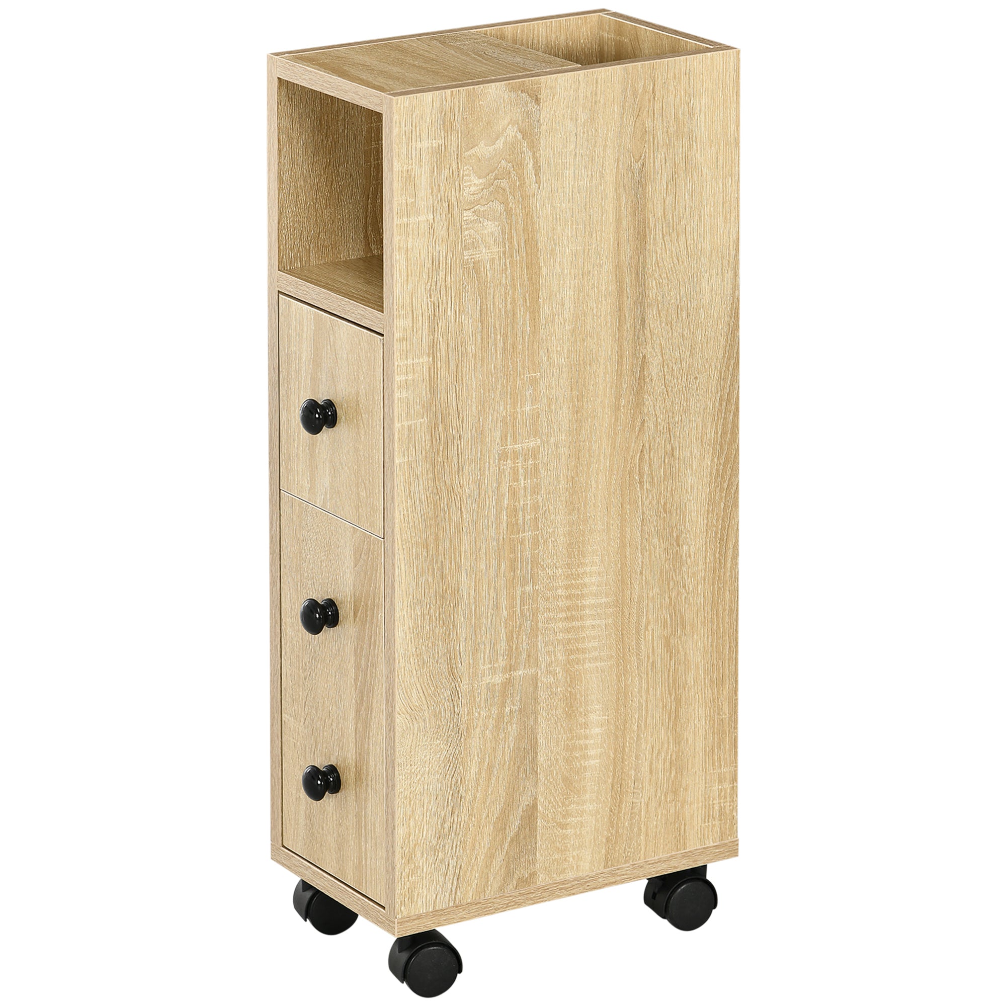 Freestanding Compact Design Bathroom Cabinet with 2 Open Cabinets, 1 Door Cabinet, 1 Drawer and 4 Rolling Wheels, Oak Grain Color